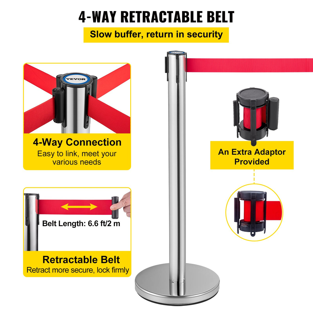 VEVOR Crowd Control Stanchion, Set of 6 Pieces Stanchion Set, Stanchion Set with 2 m Red Retractable Belt, Crowd Control Barrier with Rubber Base – Easy Connect Assembly for Crowd Control (Silver)