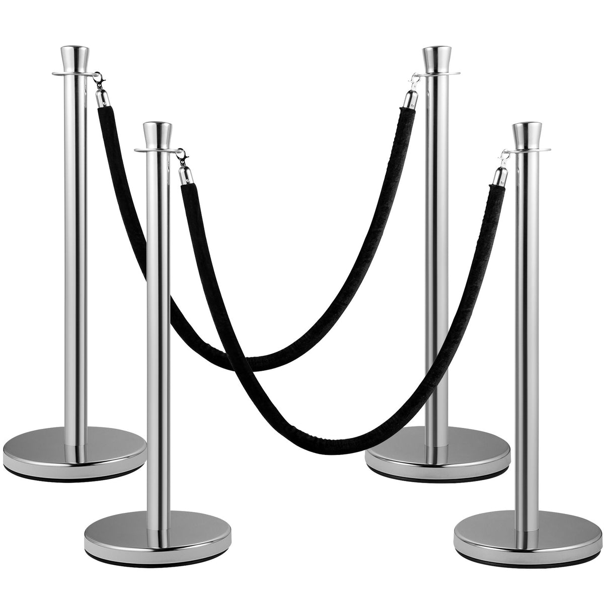 VEVOR Crowd Control Stanchion, Set of 2 Pieces Stanchion Set, Stanchion Set with 5 ft/1.5 m Black Velvet Rope, Silver Crowd Control Barrier with Sturdy Concrete and Metal Base - Easy Connect Assembly