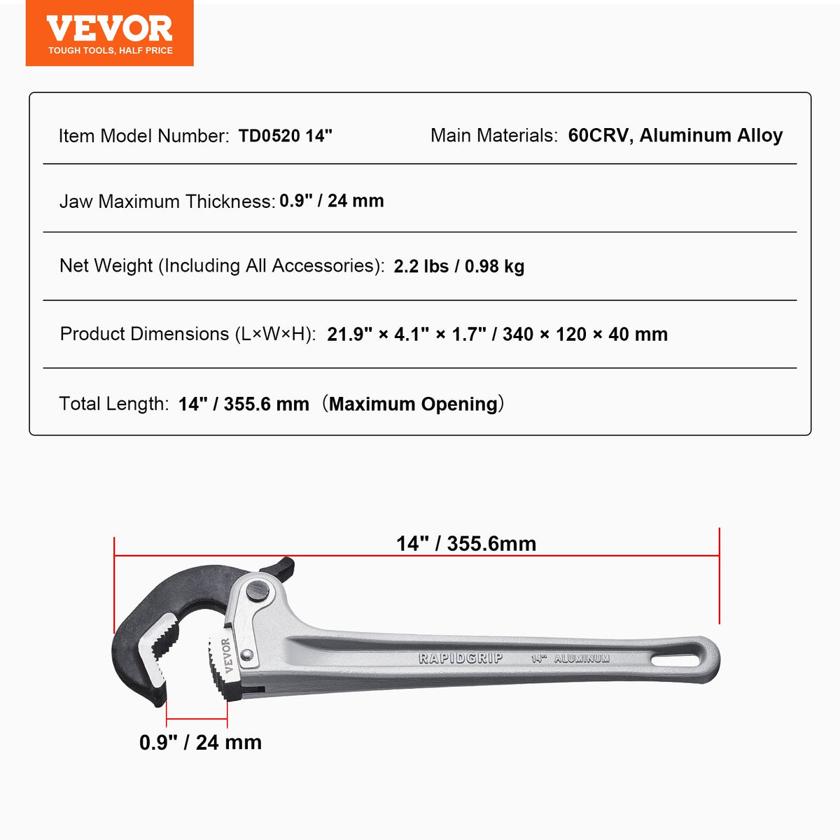 VEVOR Pipe Wrench, 14" Aluminum Straight Pipe Wrench, Automatic Jaw Adjustment, Adjustable Plumbing Wrench, Easy to Carry, Ergonomic Handle, Hangable Design, for Water Pipes, Automotive Repairs