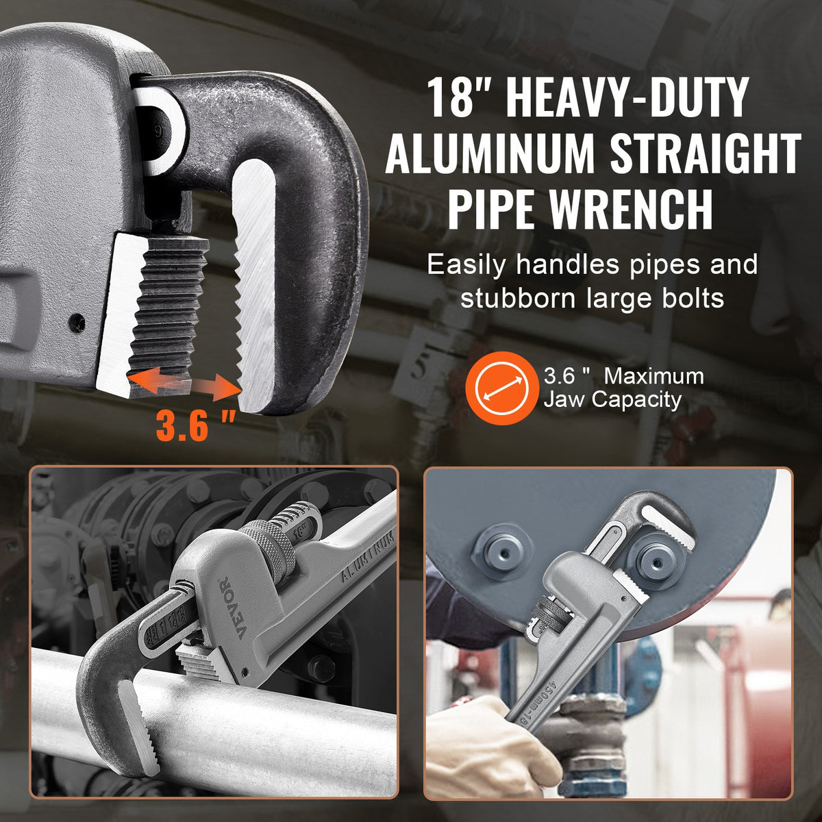 VEVOR Pipe Wrench, 18" Aluminum Straight Pipe Wrench, Adjustable Plumbing Wrench, with High Strength Jaw and Ergonomic Handle, Easy to Carry, Hangable Design, for Water Pipes, Automotive Repairs