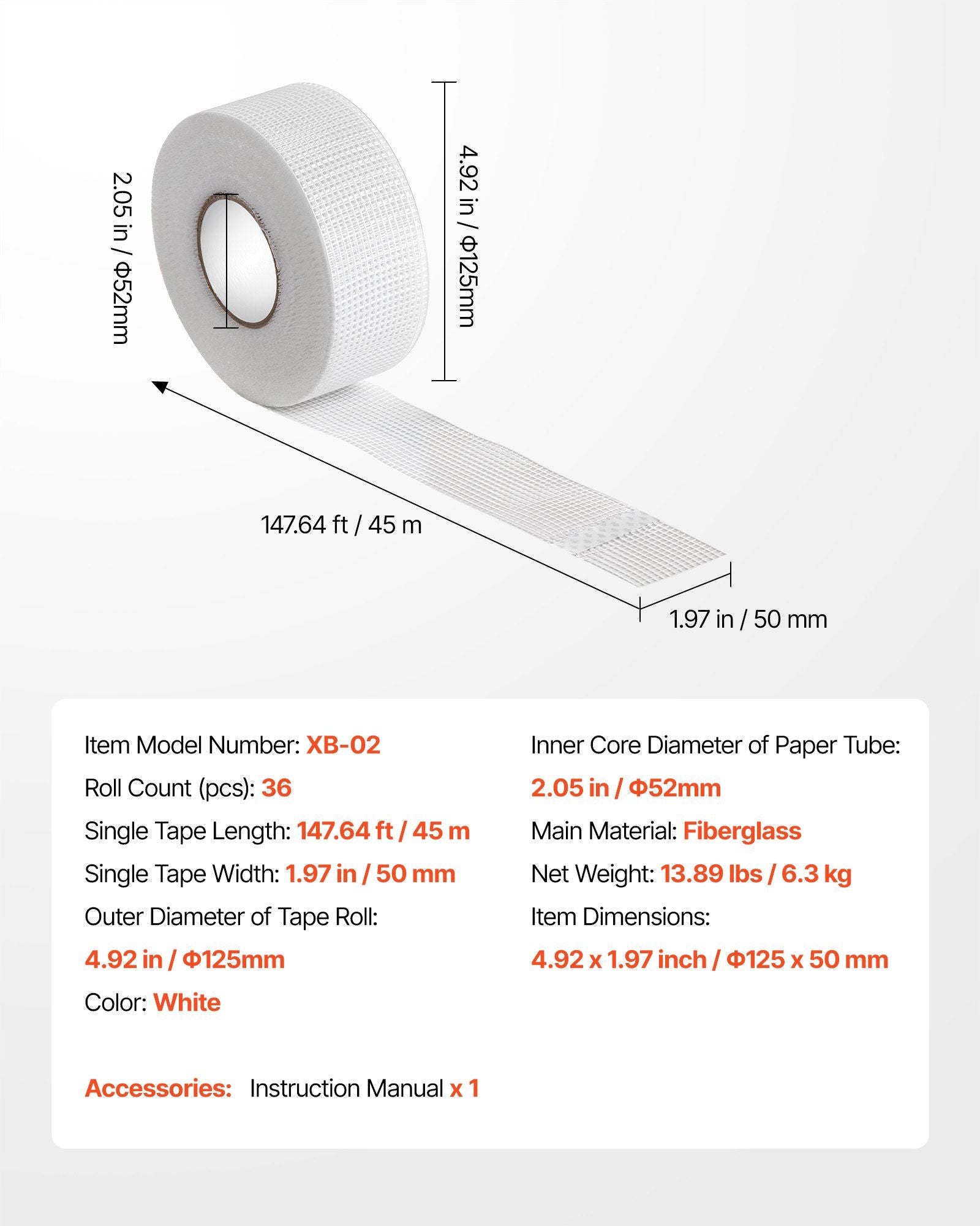 Drywall Mesh Tape, 50mm W x 45m L Self-Adhesive Fiberglass Drywall Joint Tape, 36 Rolls Dry Wall Patch for Easy Sheetrock Ceiling Crack Repair, to Achieve Smooth Even Wall Surface