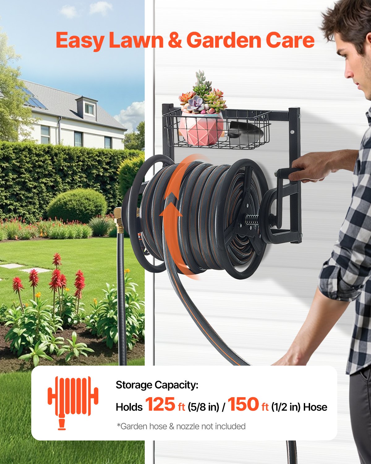 VEVOR Wall Mounted Garden Hose Reel 125ft 5/8 in Metal Hose Reel with Basket
