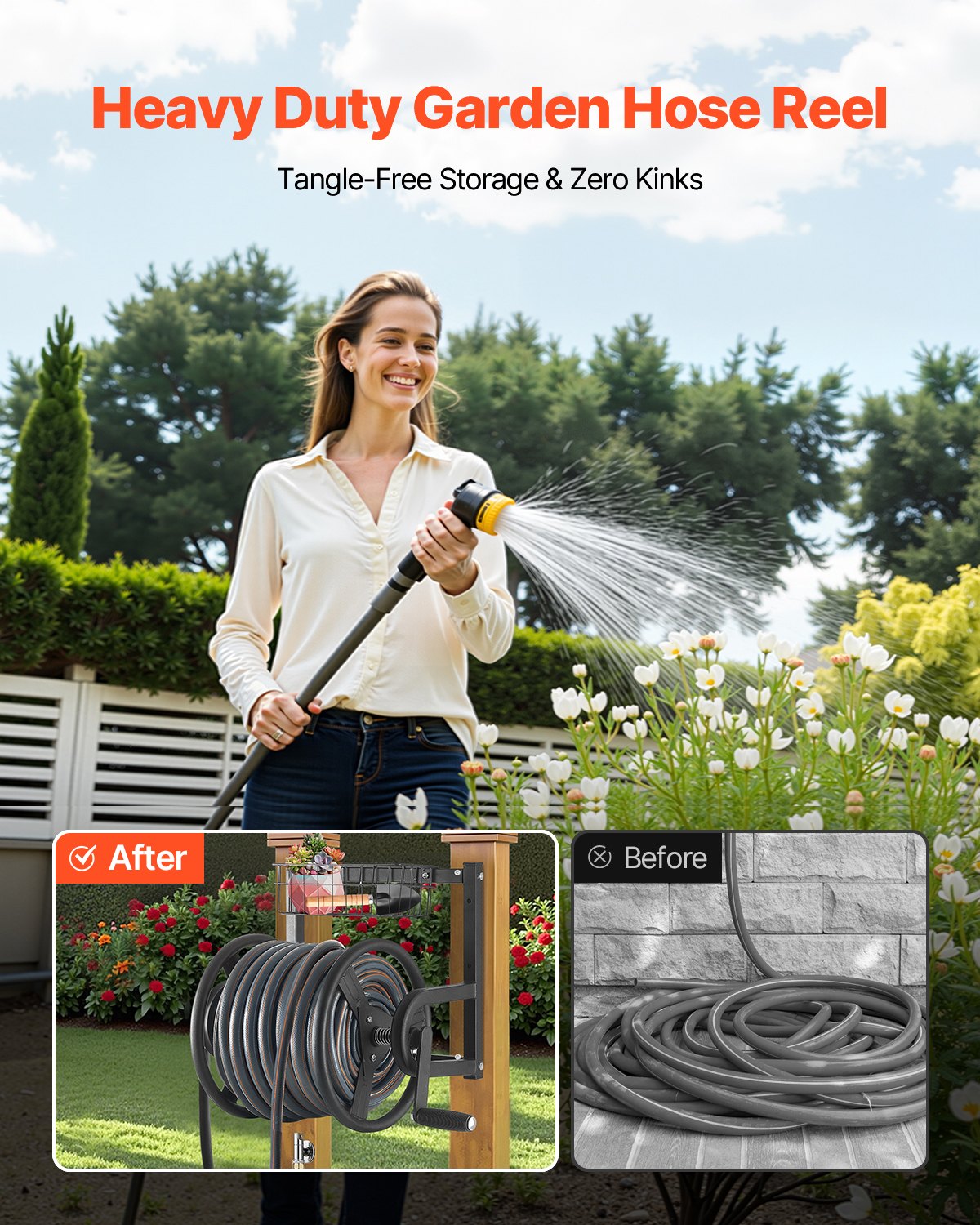 VEVOR Wall Mounted Garden Hose Reel 125ft 5/8 in Metal Hose Reel with Basket