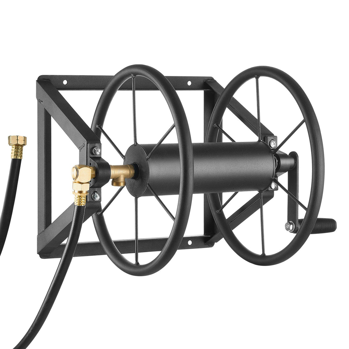 Wall Mounted Garden Hose Reel, Holds 200 ft 5/8-inch Manual Water Hose Winder, Heavy-Duty Steel, Outdoor Reel with Brass Fitting &amp; 5ft Leader Hose, Space Saving, for Yard Lawn Garage