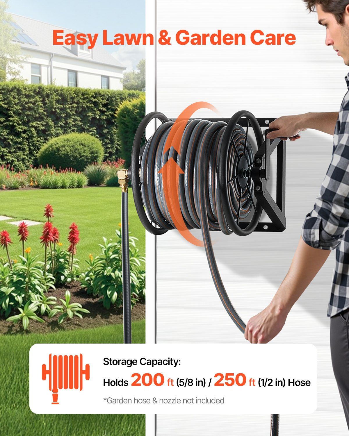 Wall Mounted Garden Hose Reel, Holds 200 ft 5/8-inch Manual Water Hose Winder, Heavy-Duty Steel, Outdoor Reel with Brass Fitting & 5ft Leader Hose, Space Saving, for Yard Lawn Garage