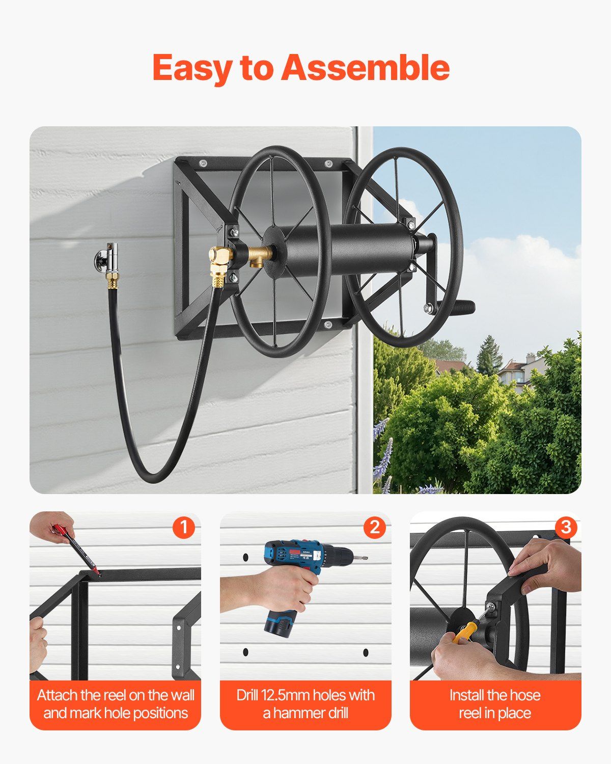 Wall Mounted Garden Hose Reel, Holds 200 ft 5/8-inch Manual Water Hose Winder, Heavy-Duty Steel, Outdoor Reel with Brass Fitting & 5ft Leader Hose, Space Saving, for Yard Lawn Garage