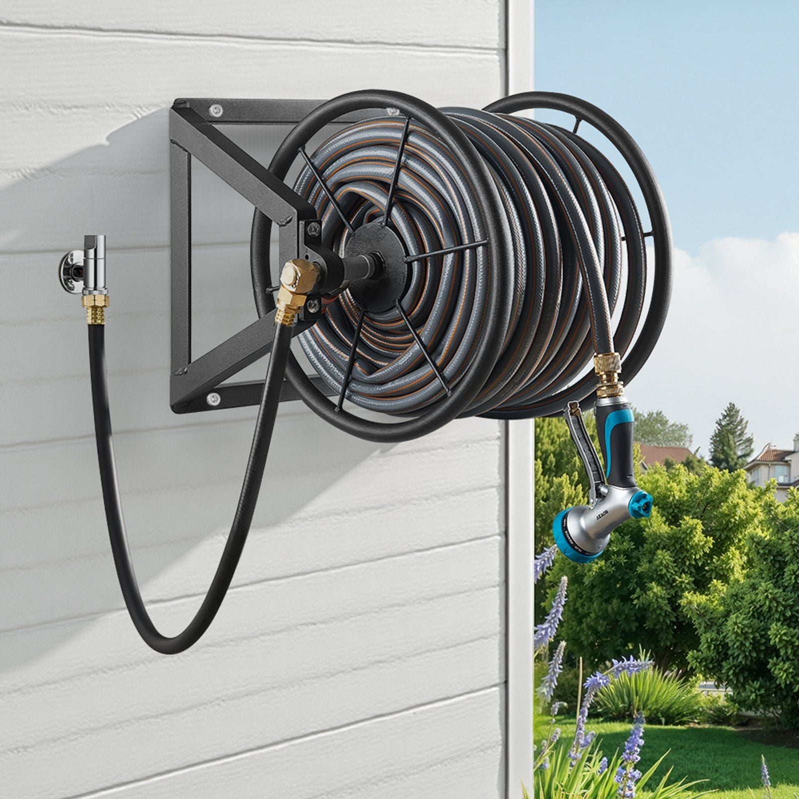 Wall Mounted Garden Hose Reel, Holds 200 ft 5/8-inch Manual Water Hose Winder, Heavy-Duty Steel, Outdoor Reel with Brass Fitting & 5ft Leader Hose, Space Saving, for Yard Lawn Garage