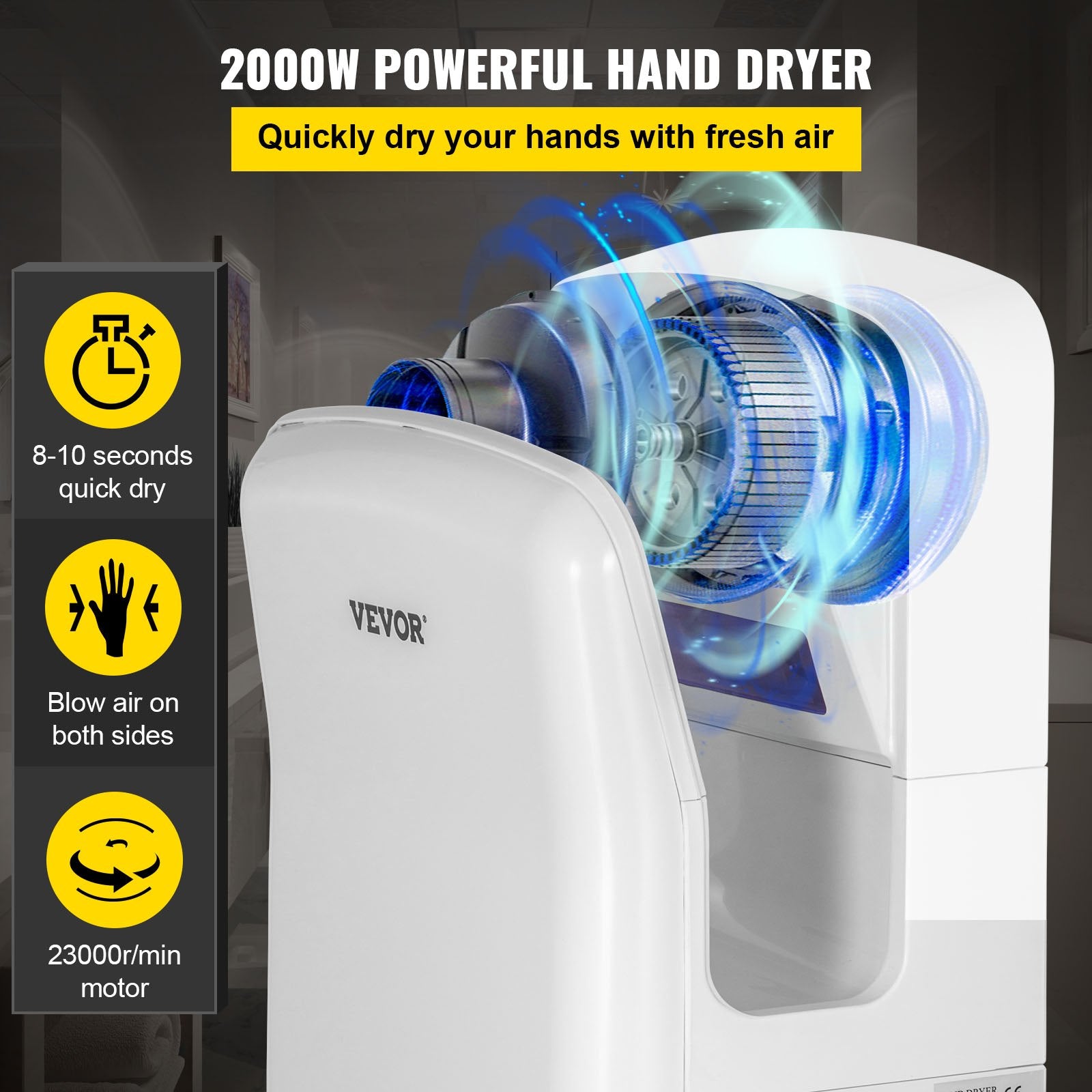 VEVOR Jet Hand Dryer Blade Hand Dryer Automatic High Speed for Washroom White