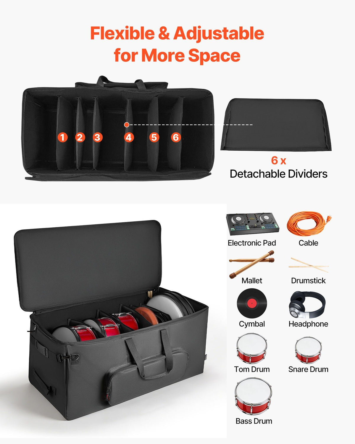 Electronic Drum Kit Bag, 600D, Padded Drum Bag with Wheels, Large 920 x 420 x 410 mm Interior, Lightweight Travel Case with Detachable Dividers, and Multiple Pockets, for Electric Drums, Black