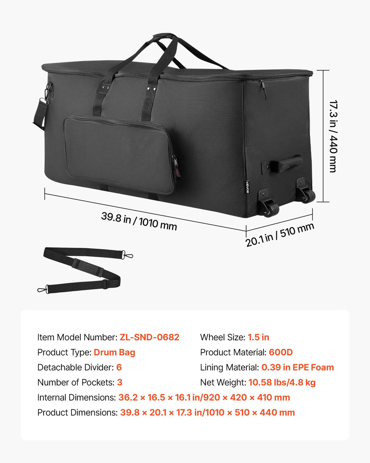 Electronic Drum Kit Bag, 600D, Padded Drum Bag with Wheels, Large 920 x 420 x 410 mm Interior, Lightweight Travel Case with Detachable Dividers, and Multiple Pockets, for Electric Drums, Black