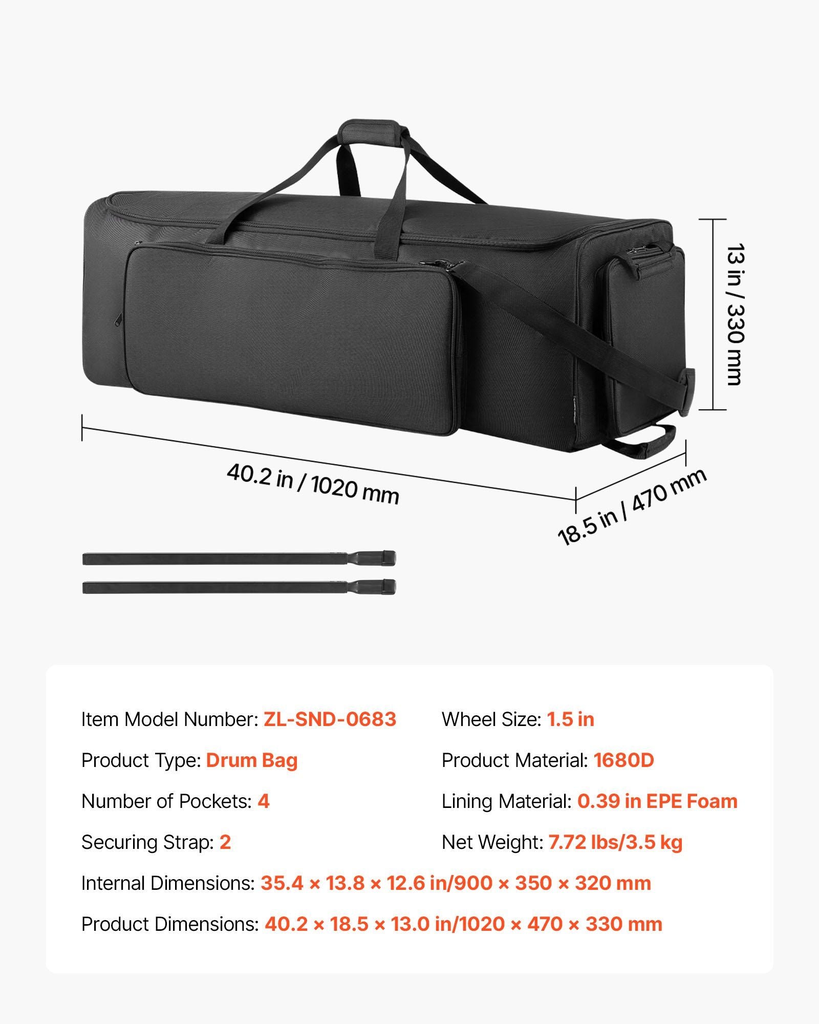 Drum Hardware Bag with Wheels, 1680D, Drum Set Equipment Carry Bag, Carrying Case with Sturdy Handle, Durable Zipper, Smooth PVC Wheels, Multiple Pockets, for Hardware and Stand Accessory, Black