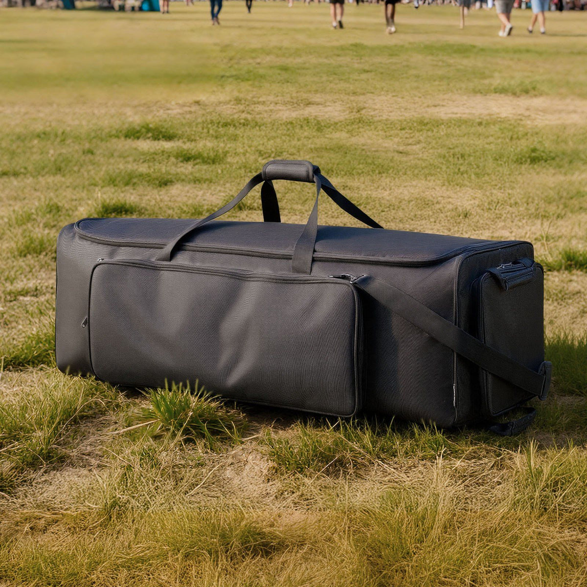 Drum Hardware Bag with Wheels, 1680D, Drum Set Equipment Carry Bag, Carrying Case with Sturdy Handle, Durable Zipper, Smooth PVC Wheels, Multiple Pockets, for Hardware and Stand Accessory, Black
