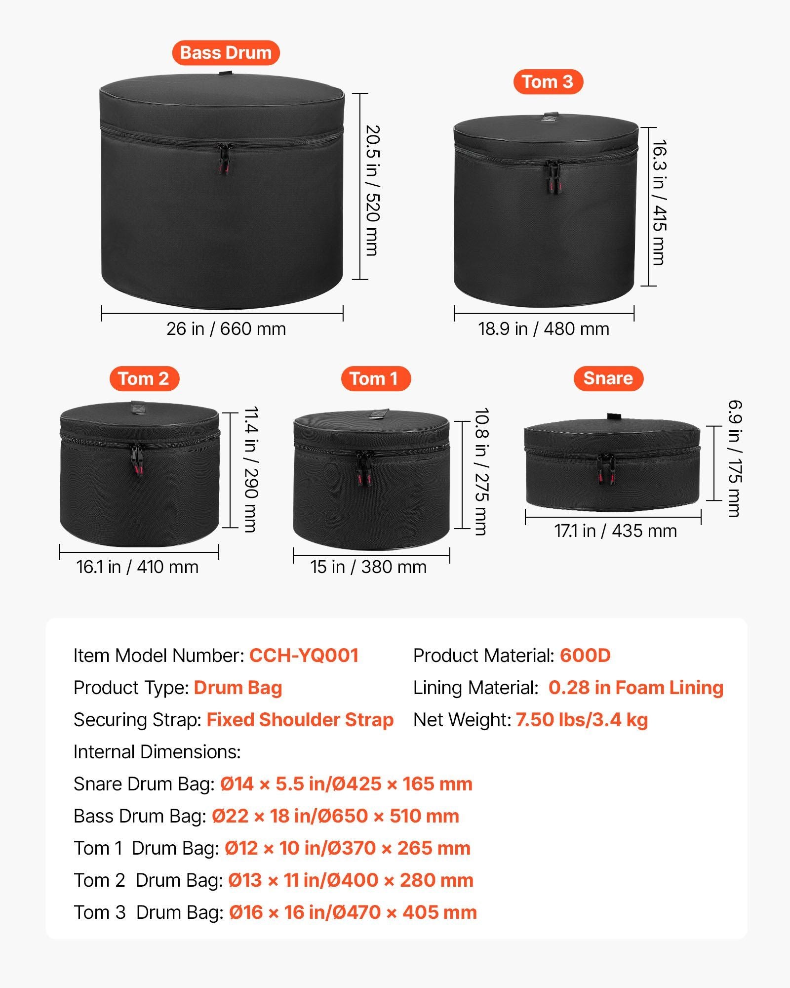 5-Piece Drum Case Set, 600D, Padded Drum Bags for Bass, Tom, and Snare, Thick Padding, Lightweight Protective Covers, Travel Storage Cases with Portable Handle, for Drums Accessories Protection
