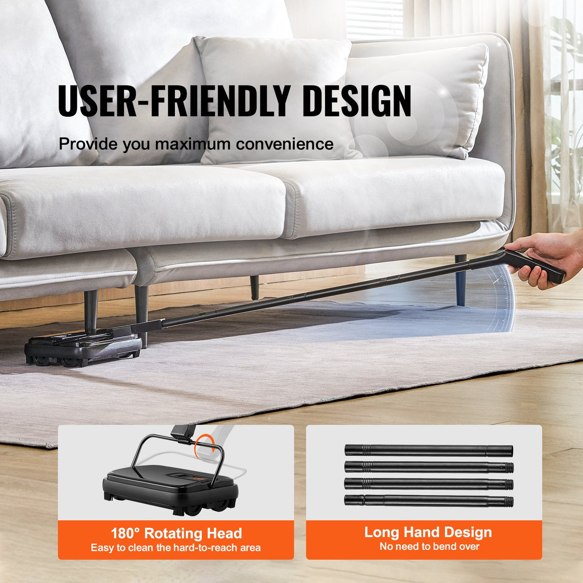 VEVOR Carpet Sweeper, 200 mm Sweeping Paths, Floor Sweeper Manual Non Electric, 300 ml Dustbin Capacity with Comb for Home Office Rugs Hardwood Surfaces Wood Floors Laminate, Cleans Dust Pet Hair