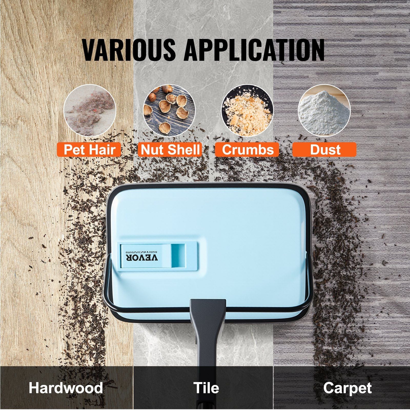 Carpet Sweeper Manual, Floor Sweeper with 300 ml Dustbin Capacity Easy to Empty, 17 cm Cleaning Width for Home Office Carpets Pet Hair Dust, Blue