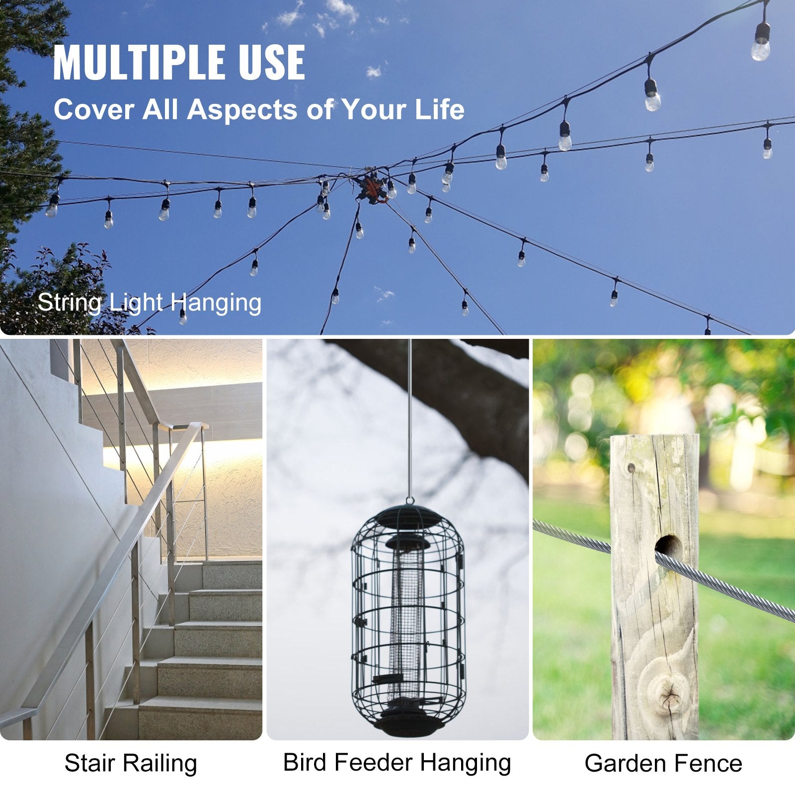 VEVOR Stainless Steel Cable Railing 3/16" x 1000ft, Wire Rope 316 Marine Grade, Braided Aircraft Cable 1x19 Strands Construction for Deck,Rail,Balusters,Stair,Handrail,Porch,Fence