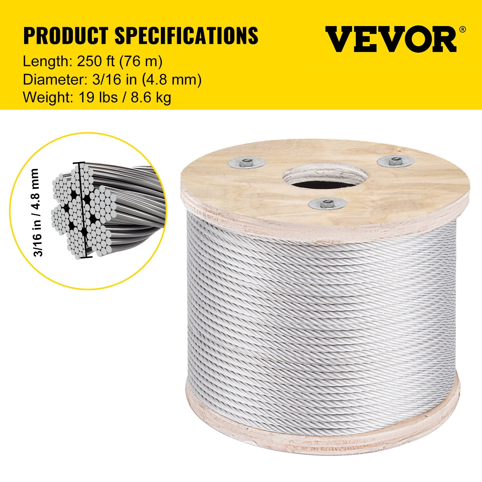 VEVOR 304 Stainless Steel Wire Rope Cable 4.8 mm 7x19 76 m reel