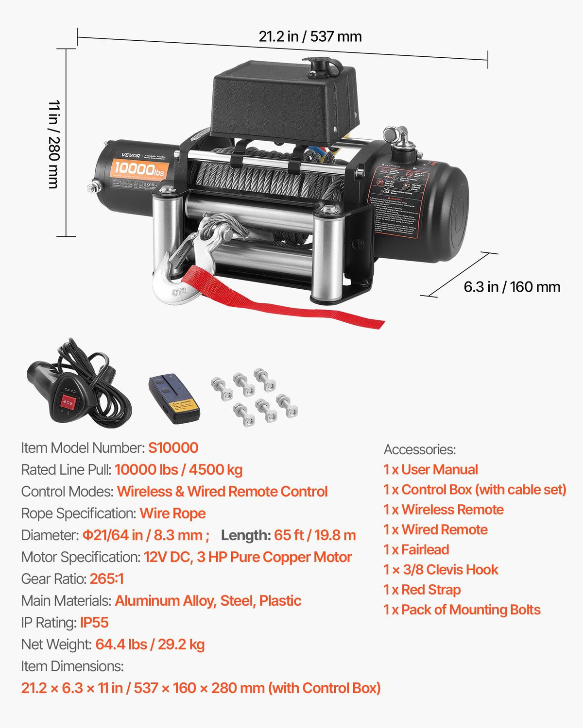 Electric Winch, 4500 kg Load Capacity, 12V DC Truck Winch with Φ8.3 mm x 19.8 m Steel Rope, Wireless & Wired Remote Control, IP55 Waterproof for Towing SUV Jeep Trailer Boat Off-Road Vehicle