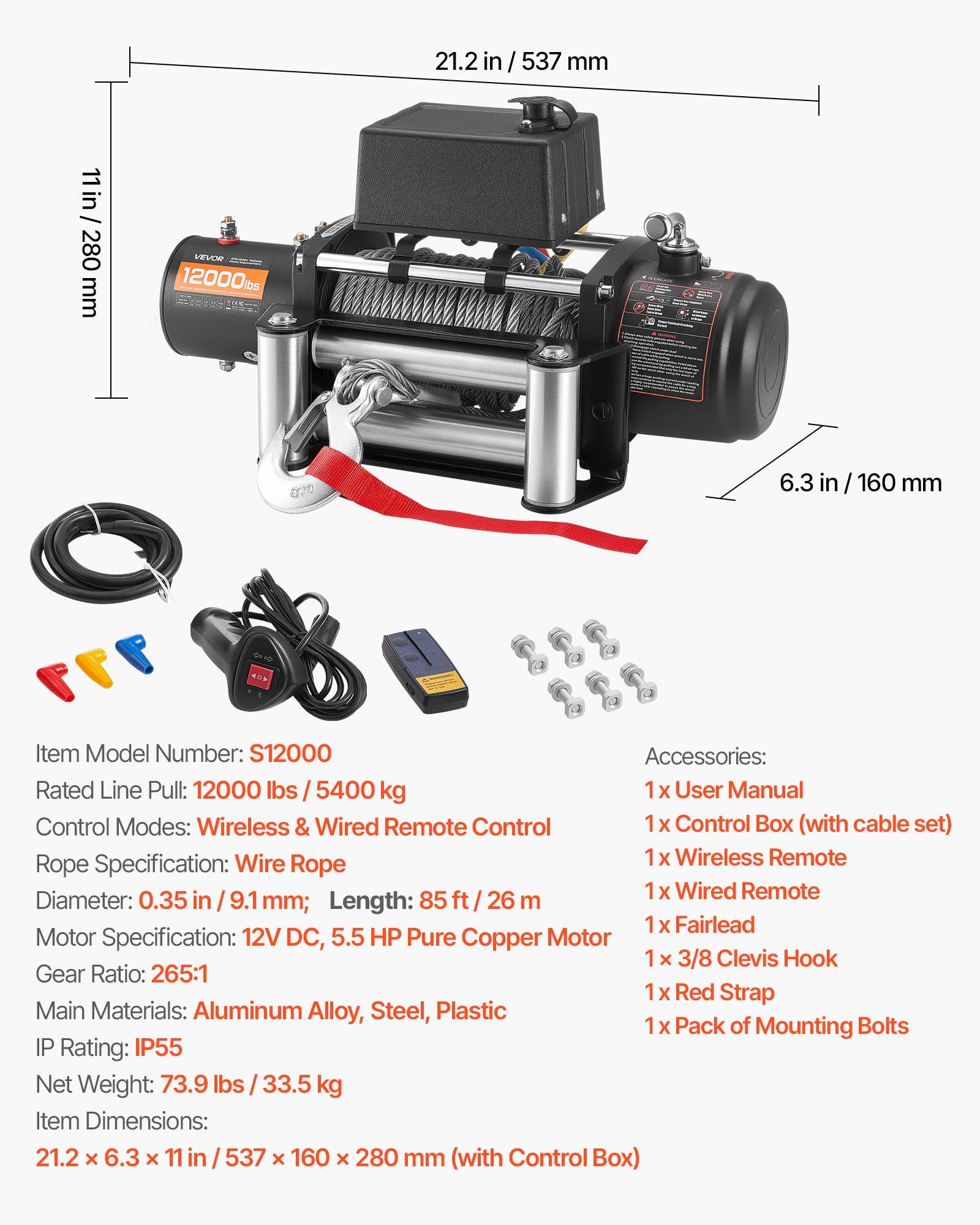 VEVOR Electric Winch, 5400 kg Load Capacity, 12V DC Truck Winch with Φ9.1 mm x 26 m Steel Rope, Wireless & Wired Remote Control, Suitable for Towing SUV Jeep Trailer Boat Off-Road Vehicle