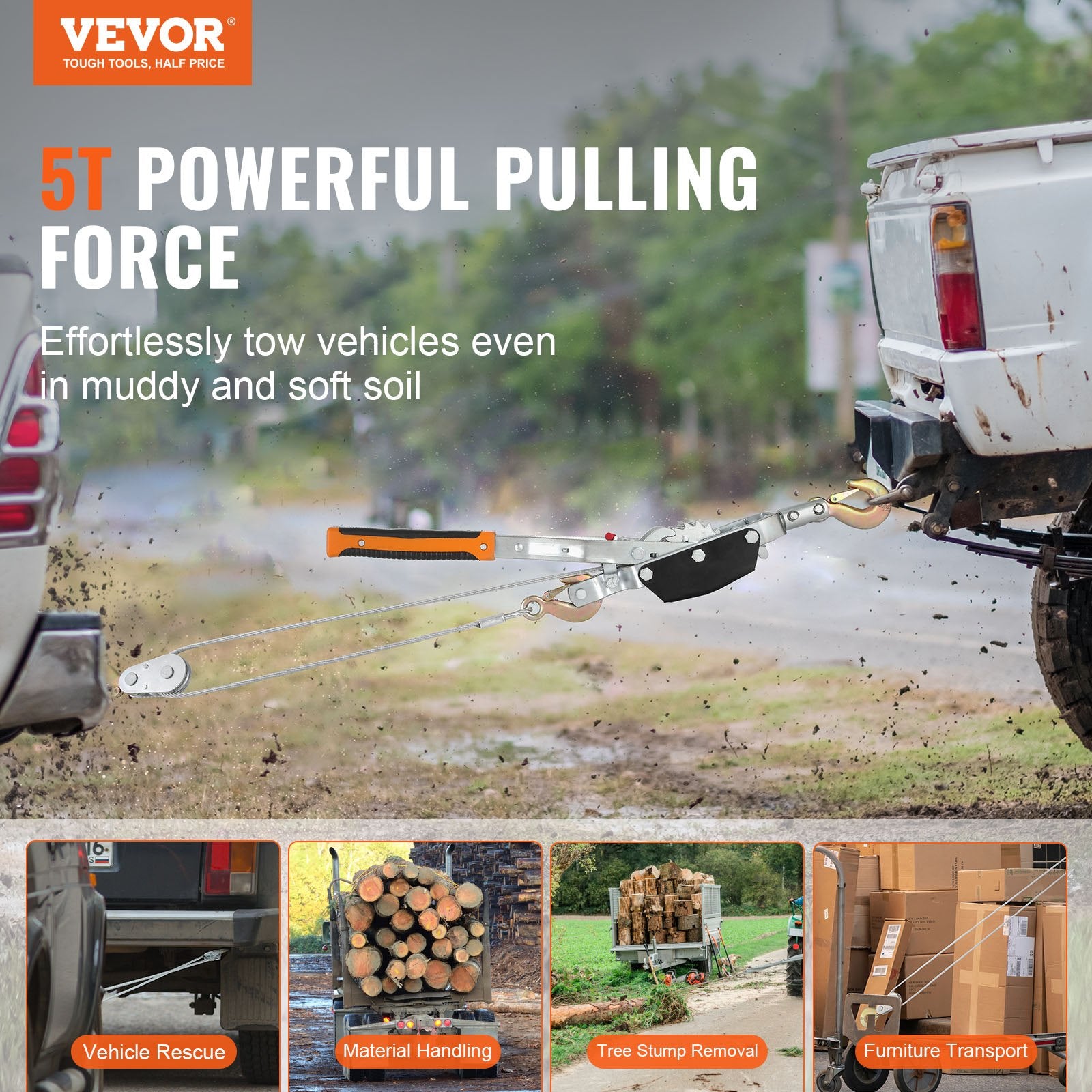 VEVOR Come Along Winch, 5 Ton Max Pulling Capacity, 3.5 m Steel Cable, 3 Hooks, Heavy Duty Ratchet Power Puller Tool with Dual Gears, Automotive Hoist Cable Puller Ideal for Vehicle Rescue