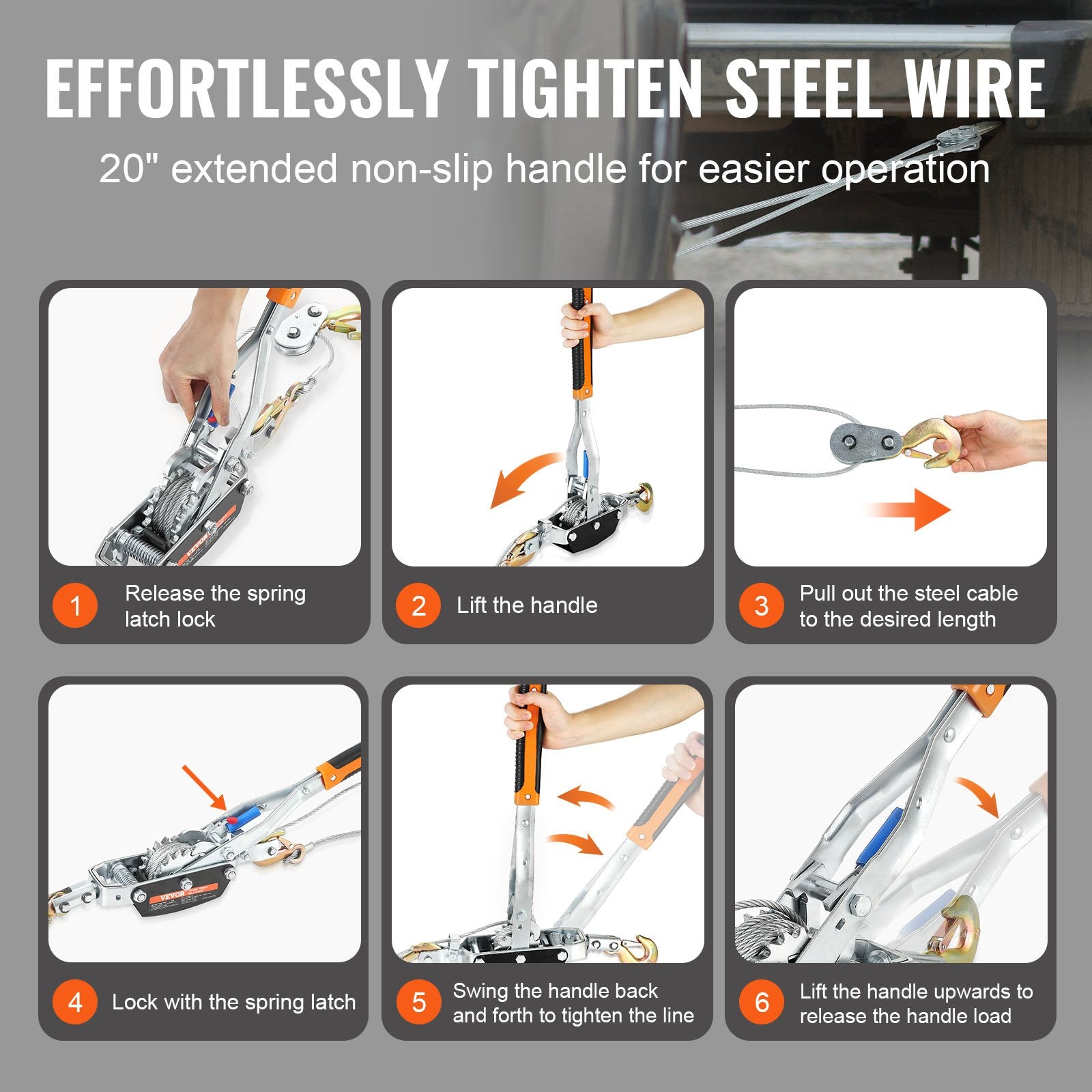 VEVOR Come Along Winch, 5 Ton Max Pulling Capacity, 3.5 m Steel Cable, 3 Hooks, Heavy Duty Ratchet Power Puller Tool with Dual Gears, Automotive Hoist Cable Puller Ideal for Vehicle Rescue