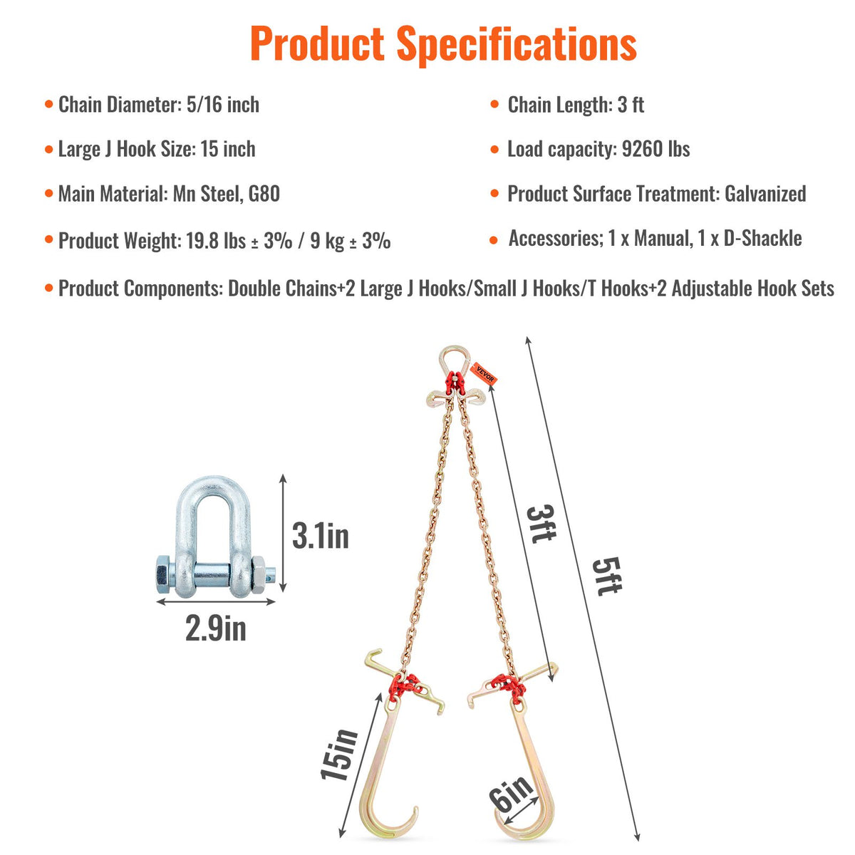 VEVOR V-Chain Bridle, 4364 kg Working Load Limit, 8 x 914.4 mm G80 Tow Chain with RTJ Cluster Hooks, DOT Certified, Galvanized Coating Manganese Steel & D-Shackle, for Lifting & Moving Activities
