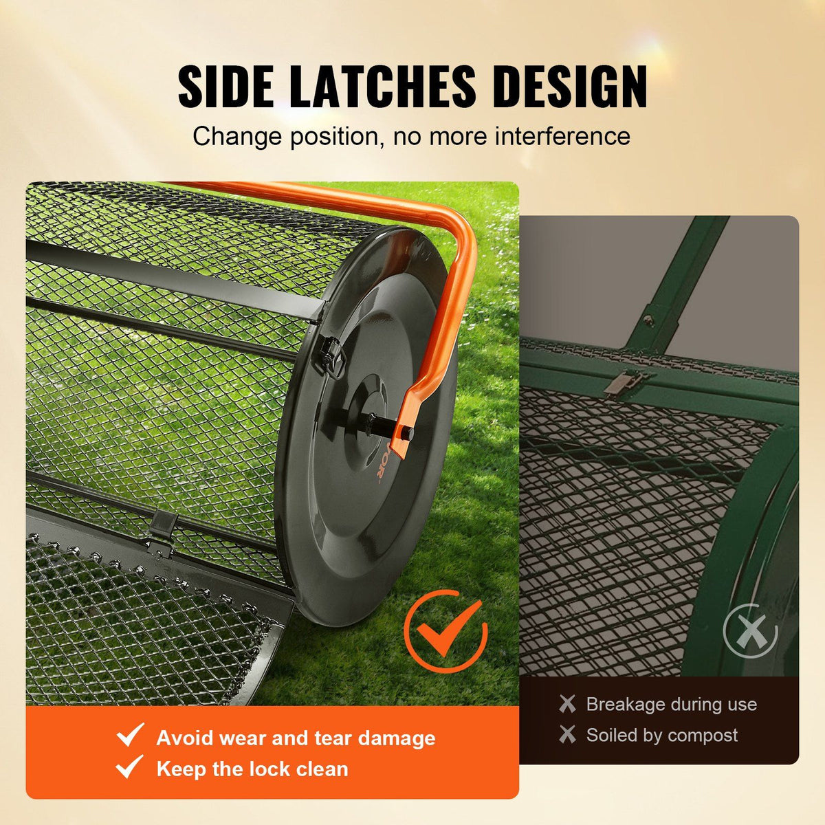 Compost Spreader, 24.4-25.6" Height Adjustable Handle, 24" Wide, Lawn and Garden Peat Moss Roller with Side Latches, Powder Coated Steel Mesh Basket for Spreading Manure, Topsoil, Black