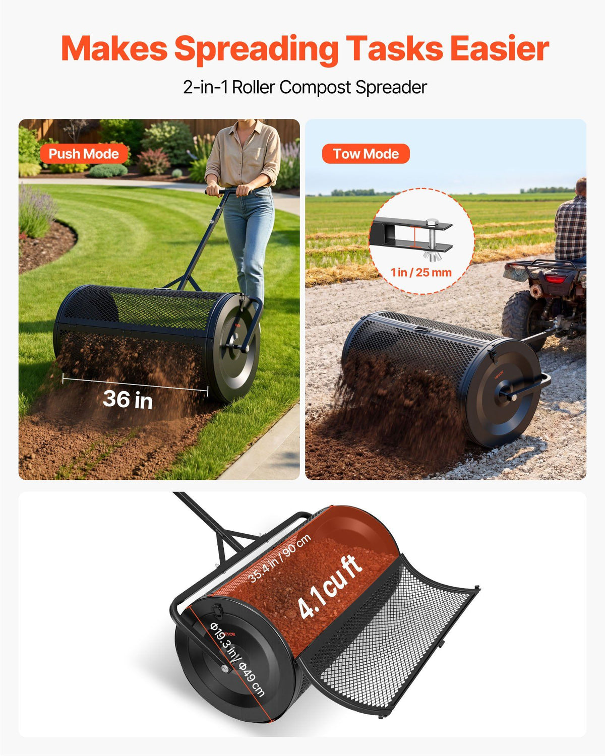 Compost Spreader, 91 cm Wide Peat Moss Spreader with Push/Tow Handle, 4 Heights Adjustable, Powder-Coated Steel Garden Peat Moss Roller, Heavy Duty Grass Seed Roller for Planting Seeding, Black