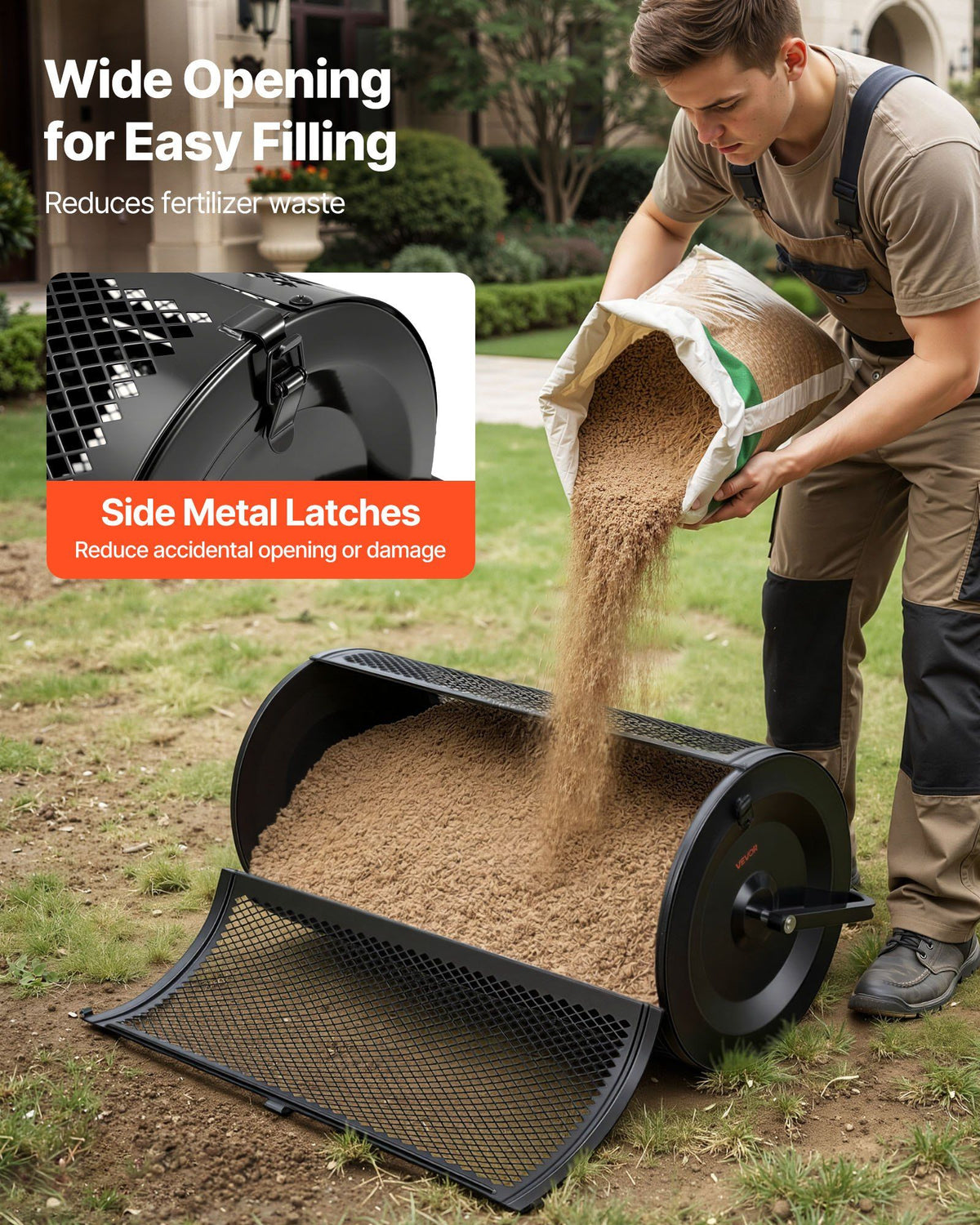 Compost Spreader, 91 cm Wide Peat Moss Spreader with Push/Tow Handle, 4 Heights Adjustable, Powder-Coated Steel Garden Peat Moss Roller, Heavy Duty Grass Seed Roller for Planting Seeding, Black