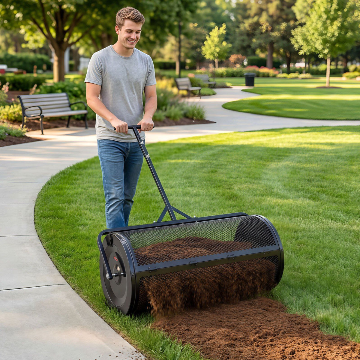 Compost Spreader, 91 cm Wide Peat Moss Spreader with Push/Tow Handle, 4 Heights Adjustable, Powder-Coated Steel Garden Peat Moss Roller, Heavy Duty Grass Seed Roller for Planting Seeding, Black