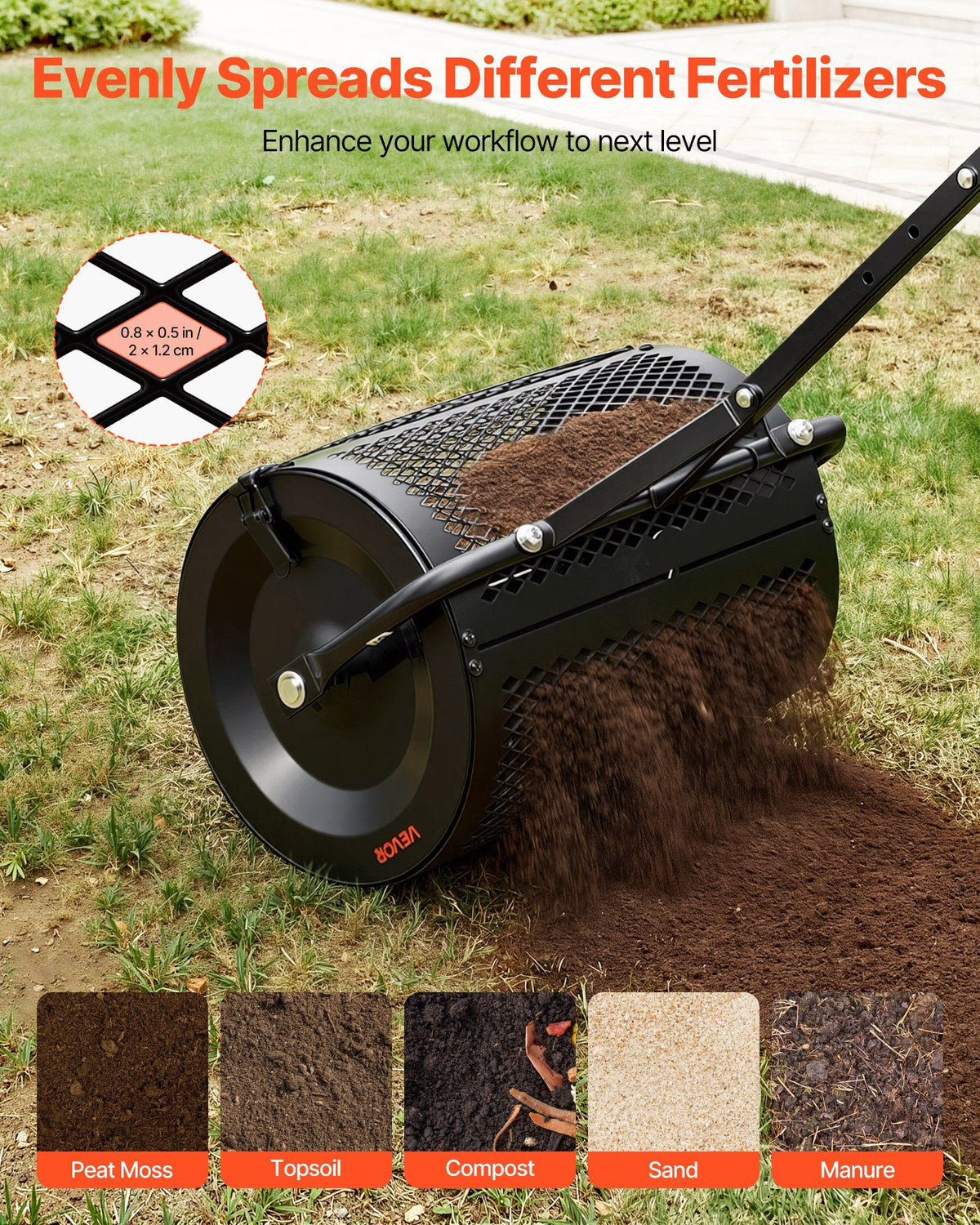 Compost Spreader, 42 cm Wide Peat Moss Spreader with T Shaped Handle, 3 Heights Adjustable, Powder-Coated Steel Garden Peat Moss Roller, Heavy Duty Grass Seed Roller for Planting Seeding, Black
