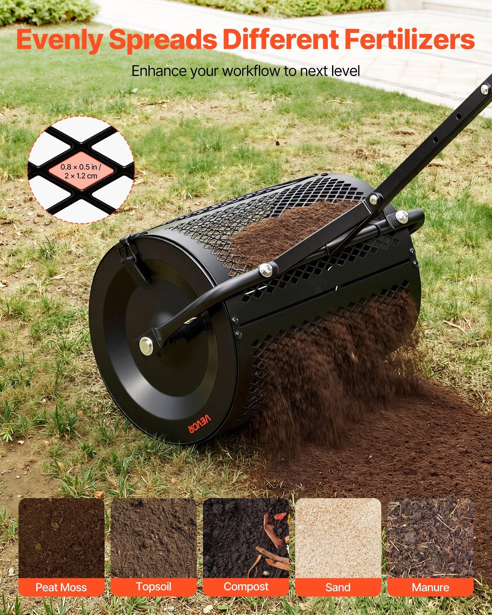 Compost Spreader, 42 cm Wide Peat Moss Spreader with T Shaped Handle, 3 Heights Adjustable, Powder-Coated Steel Garden Peat Moss Roller, Heavy Duty Grass Seed Roller for Planting Seeding, Black
