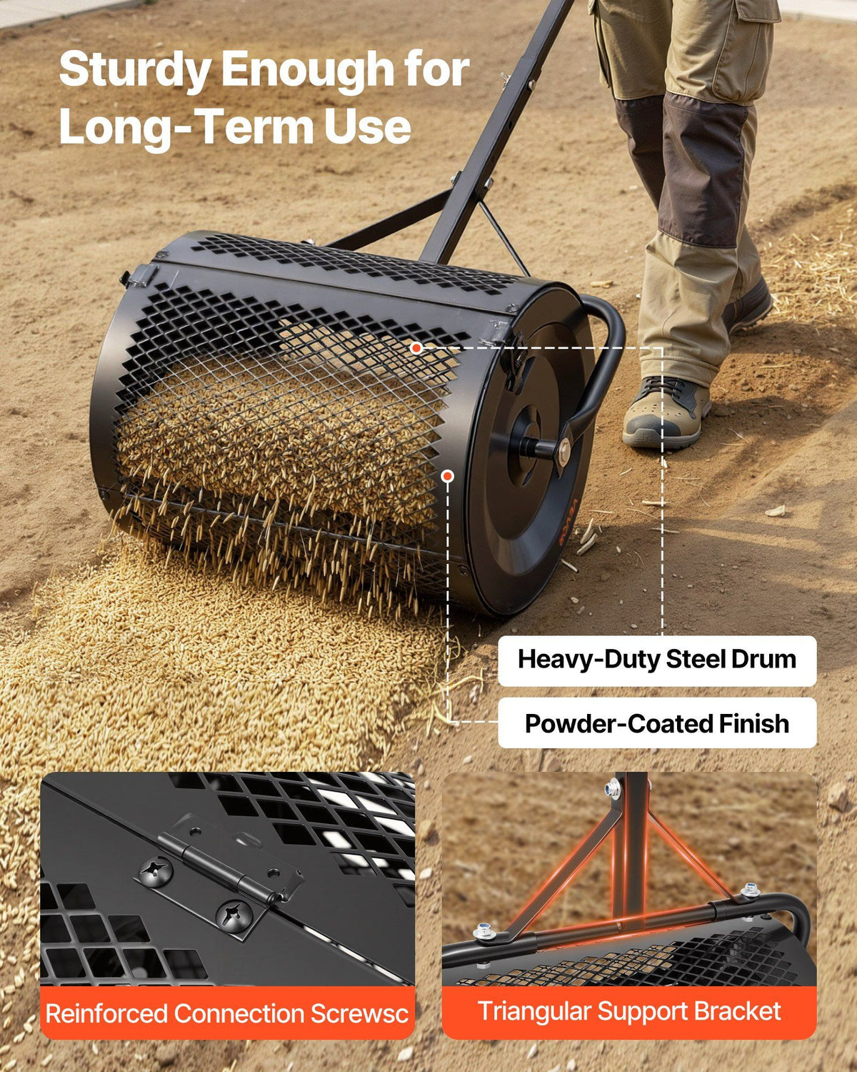 Compost Spreader, 42 cm Wide Peat Moss Spreader with T Shaped Handle, 3 Heights Adjustable, Powder-Coated Steel Garden Peat Moss Roller, Heavy Duty Grass Seed Roller for Planting Seeding, Black