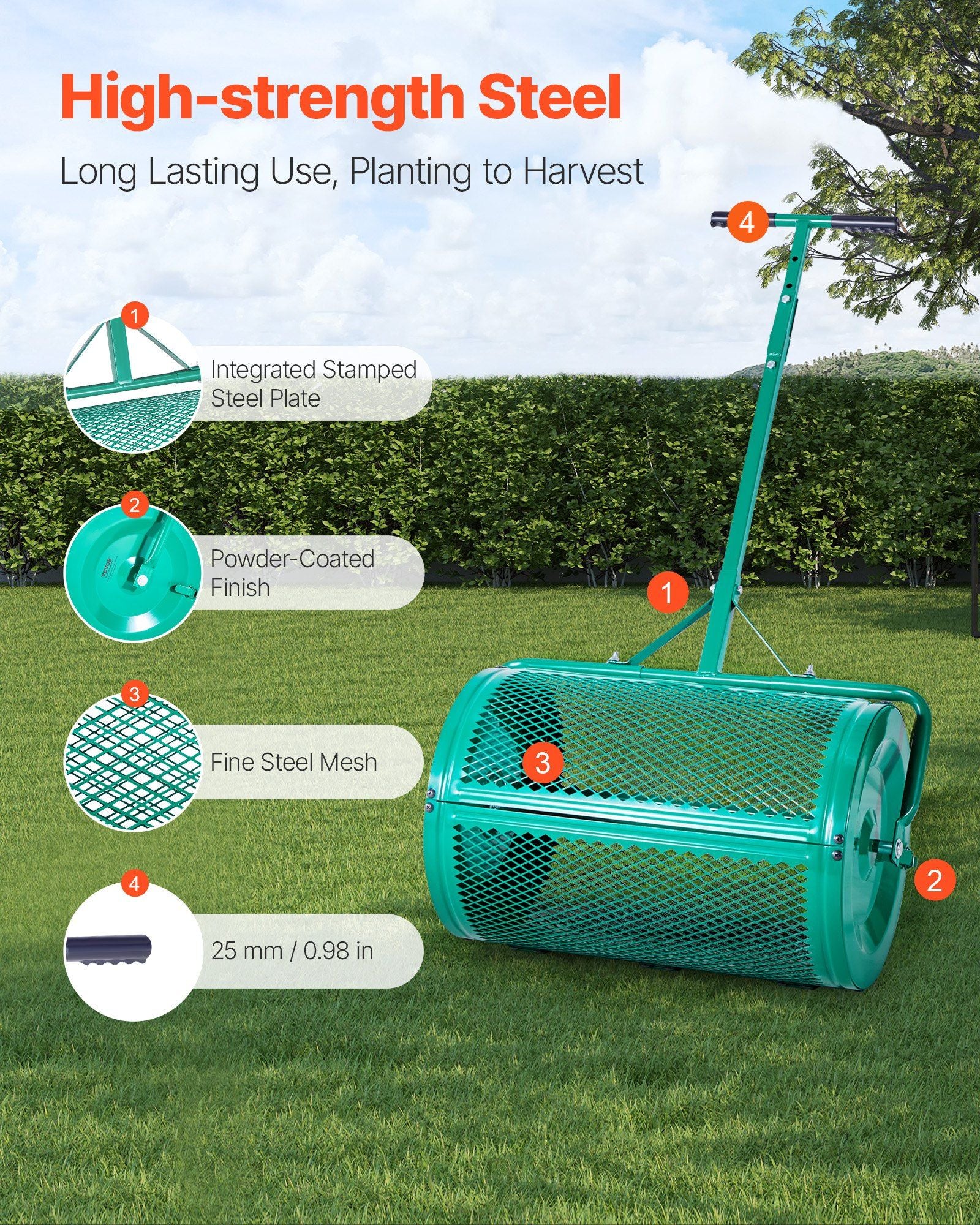 Compost Spreader, 24 in Wide Peat Moss Spreader with Push/Tow Handle, 4 Heights Adjustable, Powder-Coated Steel Garden Peat Moss Roller, Heavy Duty Grass Seed Spreaders for Planting Seeding