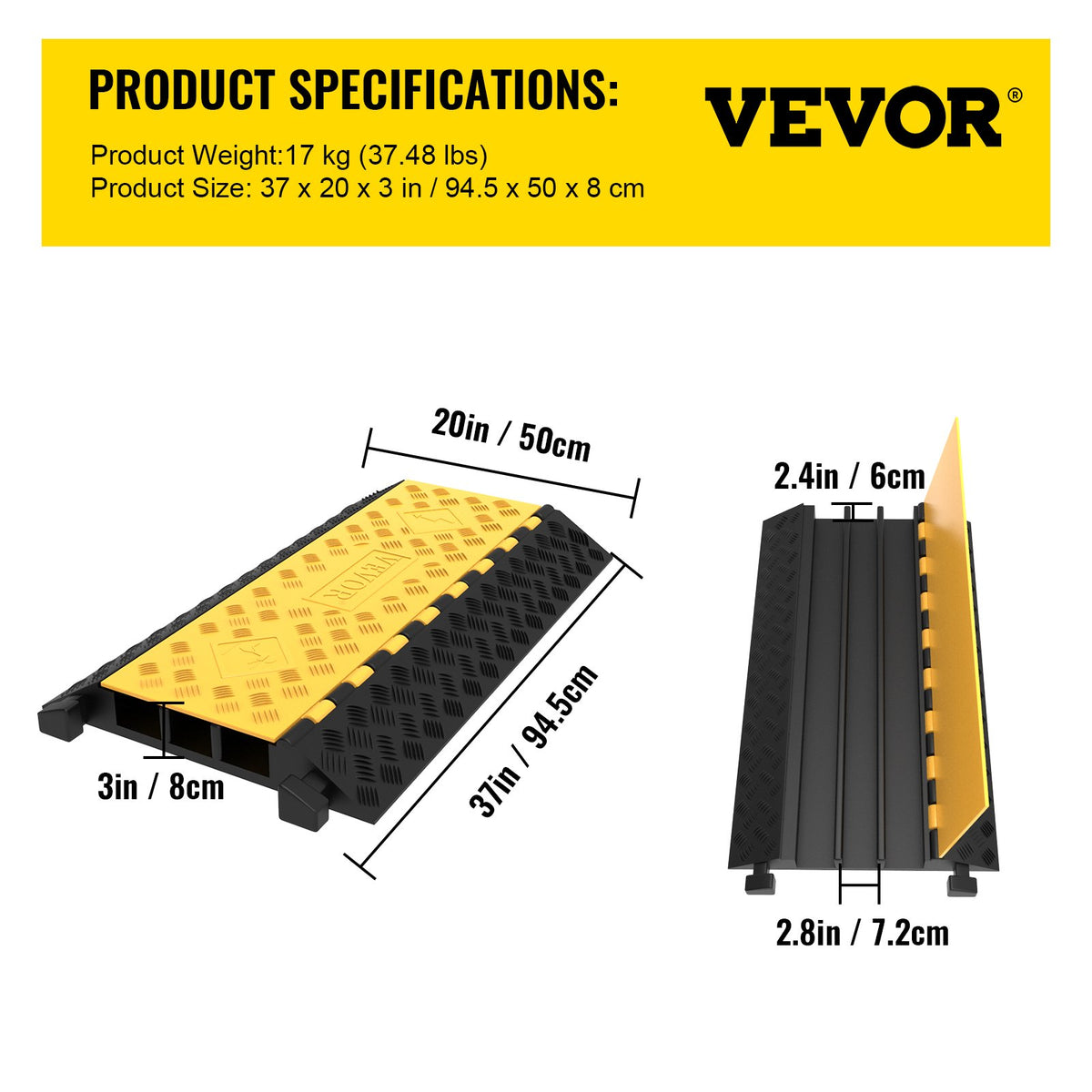 VEVOR Rubber Cable Guard, 3-Channel, 2 x 2.3 in - Durable Cord Protection Ramp for Driveways, 6600 lbs Capacity