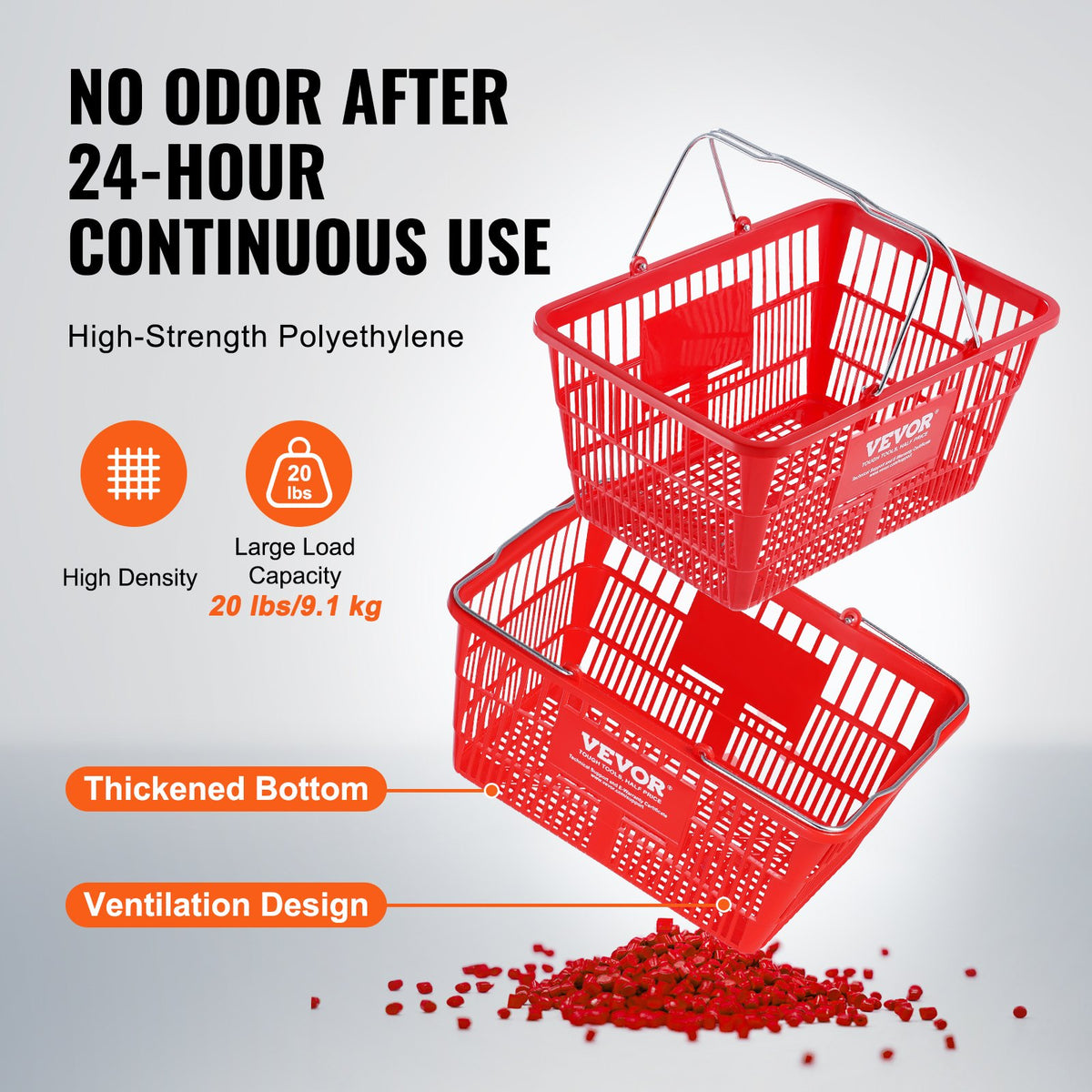 VEVOR Shopping Basket, Set of 12, 21L Durable Plastic Grocery Basket with Metal Handle and Stand, 425 x 305 x 218 mm Portable Shop Basket Bulk Used for Retail Store Supermarket Grocery Shopping, Red