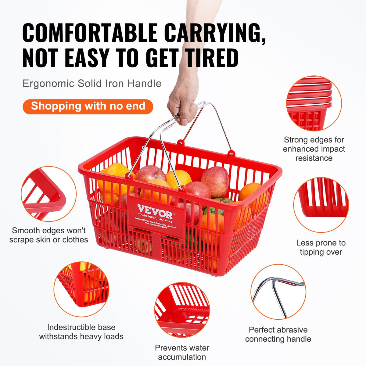 VEVOR Shopping Basket, Set of 12, 21L Durable Plastic Grocery Basket with Metal Handle and Stand, 425 x 305 x 218 mm Portable Shop Basket Bulk Used for Retail Store Supermarket Grocery Shopping, Red
