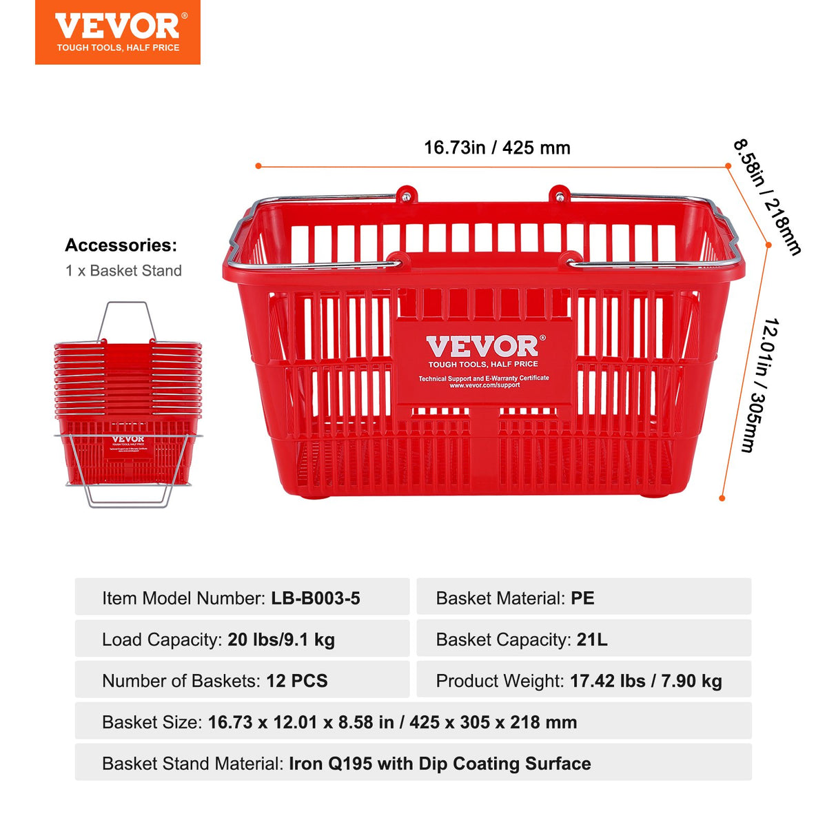 VEVOR Shopping Basket, Set of 12, 21L Durable Plastic Grocery Basket with Metal Handle and Stand, 425 x 305 x 218 mm Portable Shop Basket Bulk Used for Retail Store Supermarket Grocery Shopping, Red