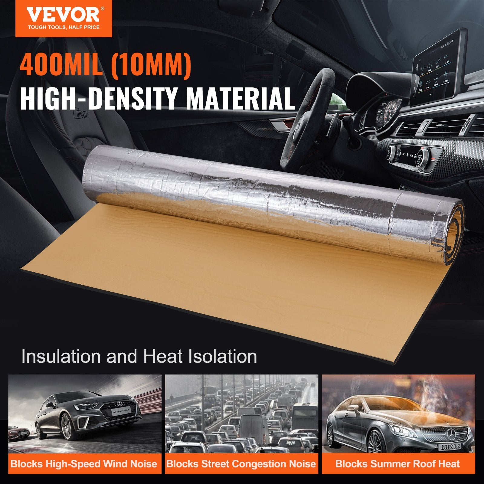 VEVOR Car Sound Deadening Mat, 400 mil 1.5sq.m Automotive Sound Deadener, High Density Foam Sound Deadener Material & Heat Barrier, Double Layer Waterproof Structure Acoustic Insulation Mat