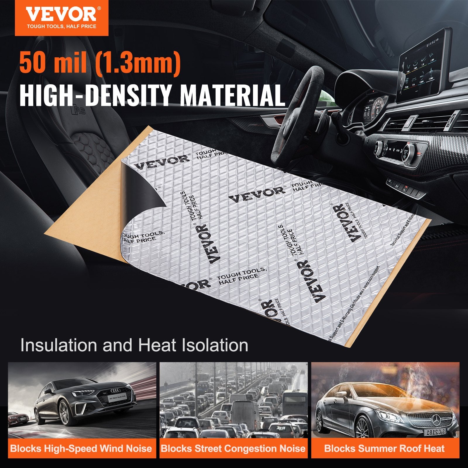 VEVOR Car Sound Deadening Mat, 50 mil 4.8sq.m Car Sound Dampening Material, Butyl Automotive Sound Deadener, Noise Insulation and Vibration Dampening Material for Car