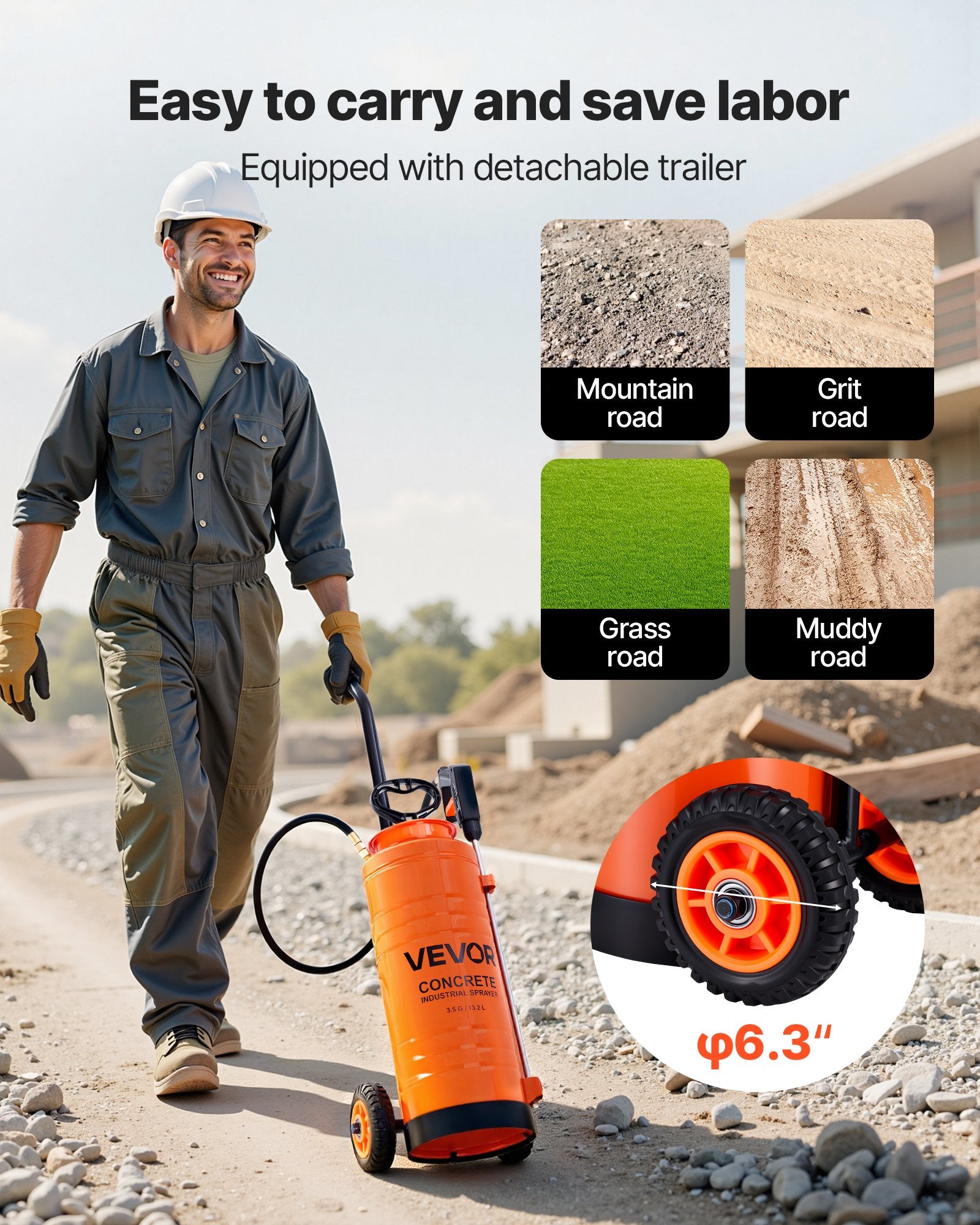 VEVOR Industrial Concrete Sprayer with Wheeled Cart, 14L Stainless Steel Sprayer, Heavy Duty Tri-Poxy Pump Sprayers, 52cm Wand, 1.2m & 3m Hoses, 2 Brass Nozzles for Construction, Lawn & Garden