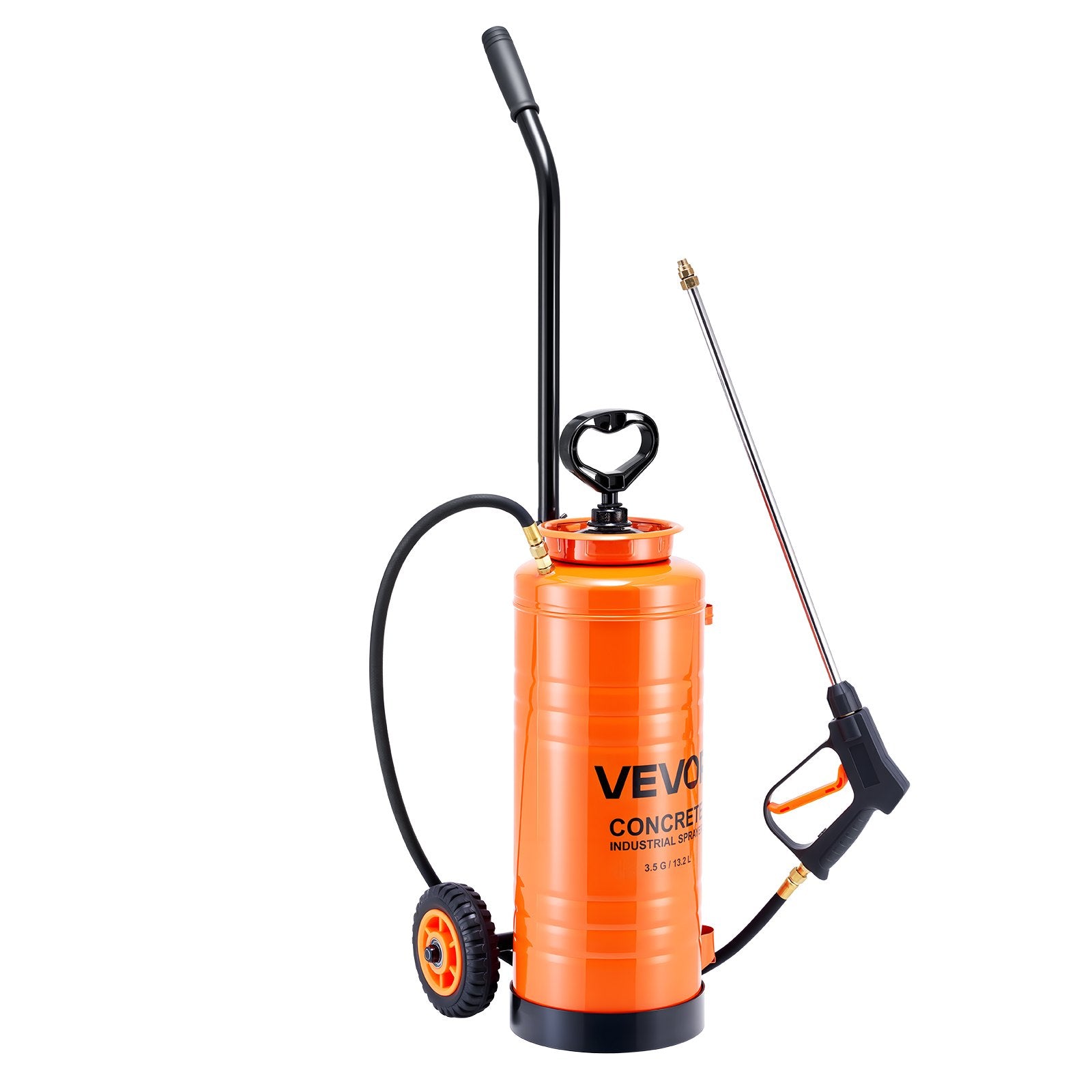 VEVOR Industrial Concrete Sprayer with Wheeled Cart, 14L Stainless Steel Sprayer, Heavy Duty Tri-Poxy Pump Sprayers, 52cm Wand, 1.2m & 3m Hoses, 2 Brass Nozzles for Construction, Lawn & Garden