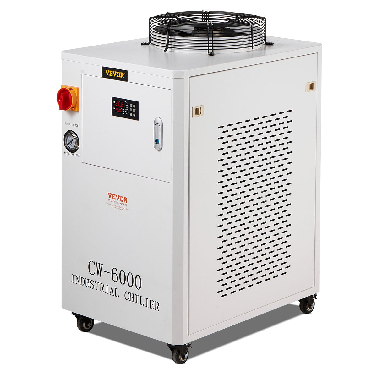 VEVOR Industrial Water Chiller, CW6000, 1500W Industrial Water Cooler Cooling System with Compressor 15L Water Tank Capacity 65 L/min Max Flow Rate, for CO2 Laser Engraving Machine Cooling Machine