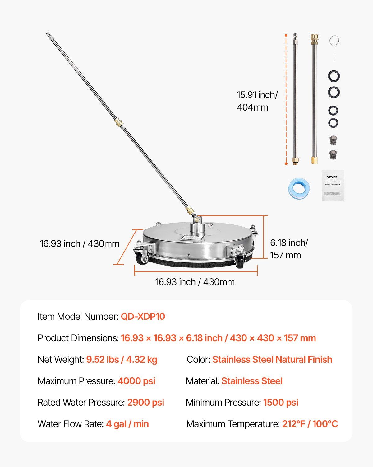 16.5" Pressure Washer Surface Cleaner, Stainless Steel Pressure Washer Attachments with 4 Wheels, 4000 Max PSI, 1/4 Quick Connector, 2 Spray Nozzles, 2 Extended Wands for Concrete, Patio, Deck