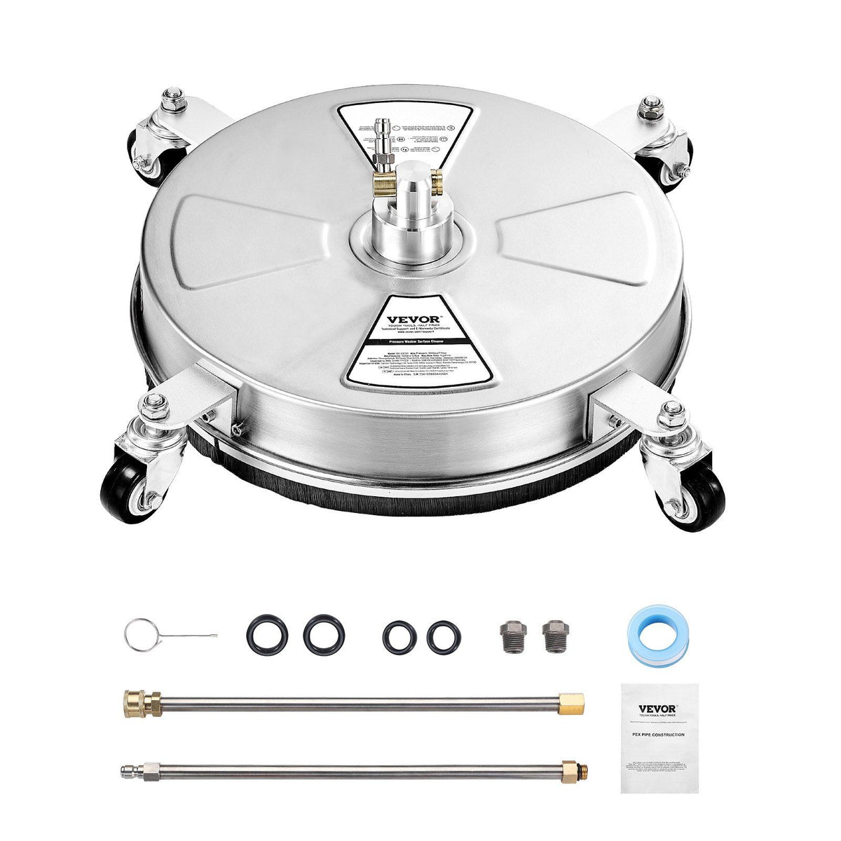 16.5" Pressure Washer Surface Cleaner, Stainless Steel Pressure Washer Attachments with 4 Wheels, 4000 Max PSI, 1/4 Quick Connector, 2 Spray Nozzles, 2 Extended Wands for Concrete, Patio, Deck