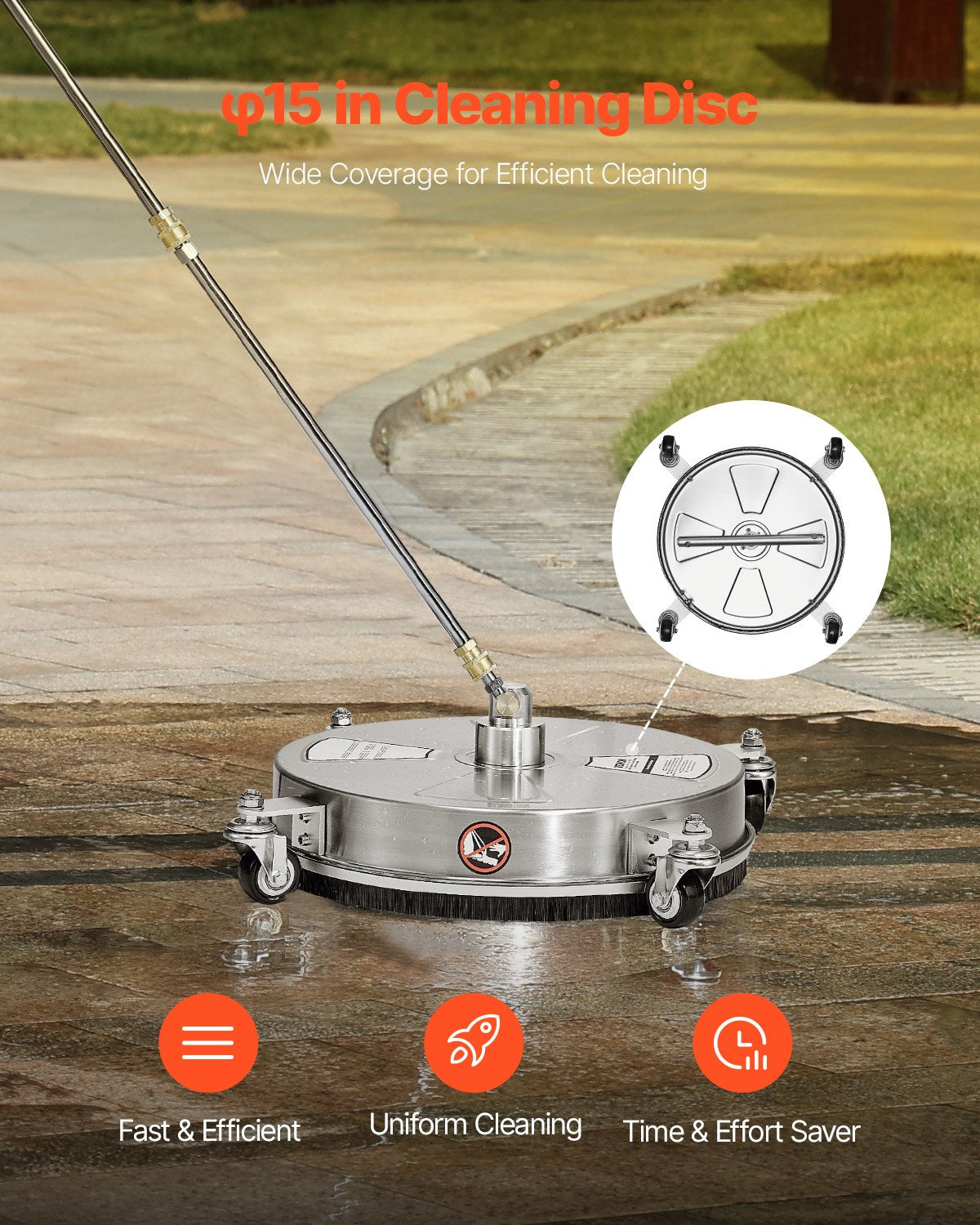 VEVOR 15" Pressure Washer Surface Cleaner 4 Wheels 4000 Max PSI 2 Extended Wands