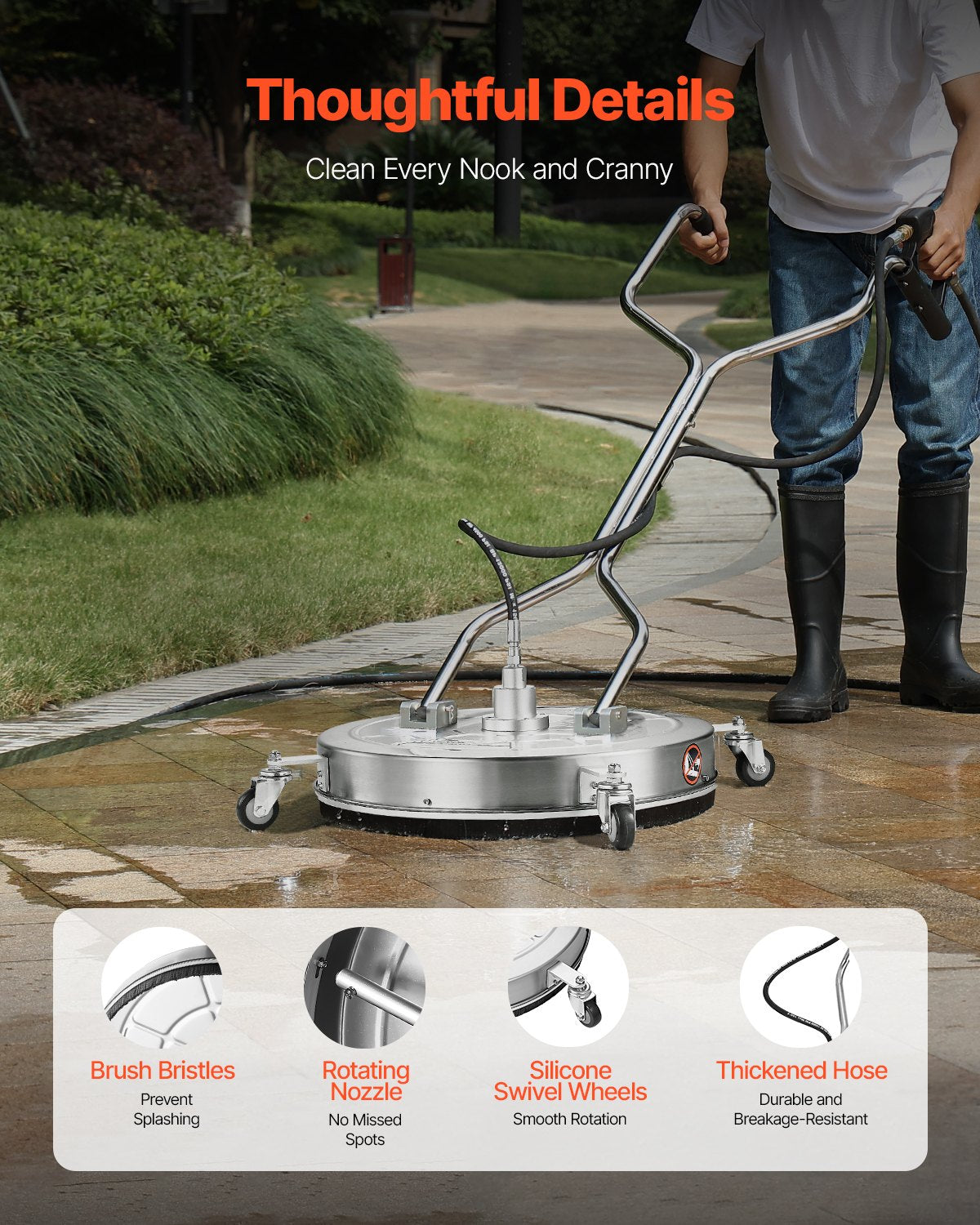 VEVOR 24" Pressure Washer Surface Cleaner, Stainless Steel Pressure Washer Attachments with 4 Wheels, 4000 Max PSI, 3/8 Quick Connector, 2 Spray Nozzles, Dual Handle, for Concrete, Patio, Sidewalk