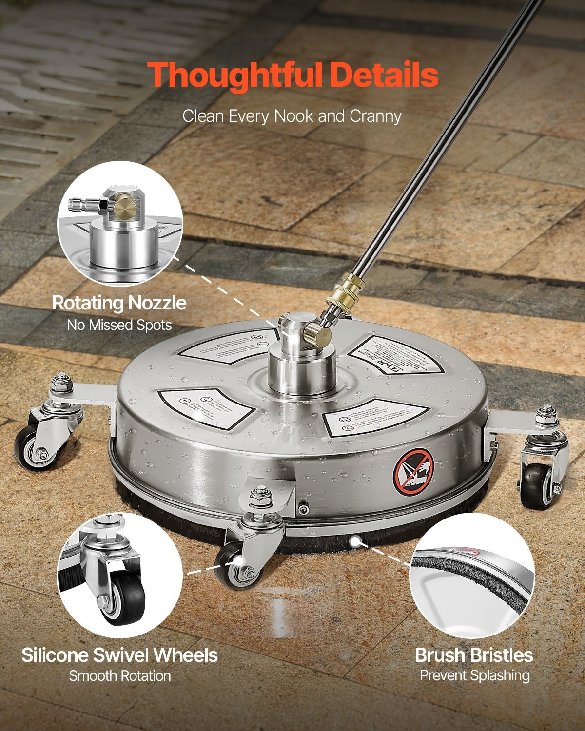 VEVOR 14" Pressure Washer Surface Cleaner, Stainless Steel Pressure Washer Attachments with 4 Wheels, 4000 Max PSI, 1/4 Quick Connector, 2 Spray Nozzles, 2 Extended Wands for Concrete, Patio, Deck