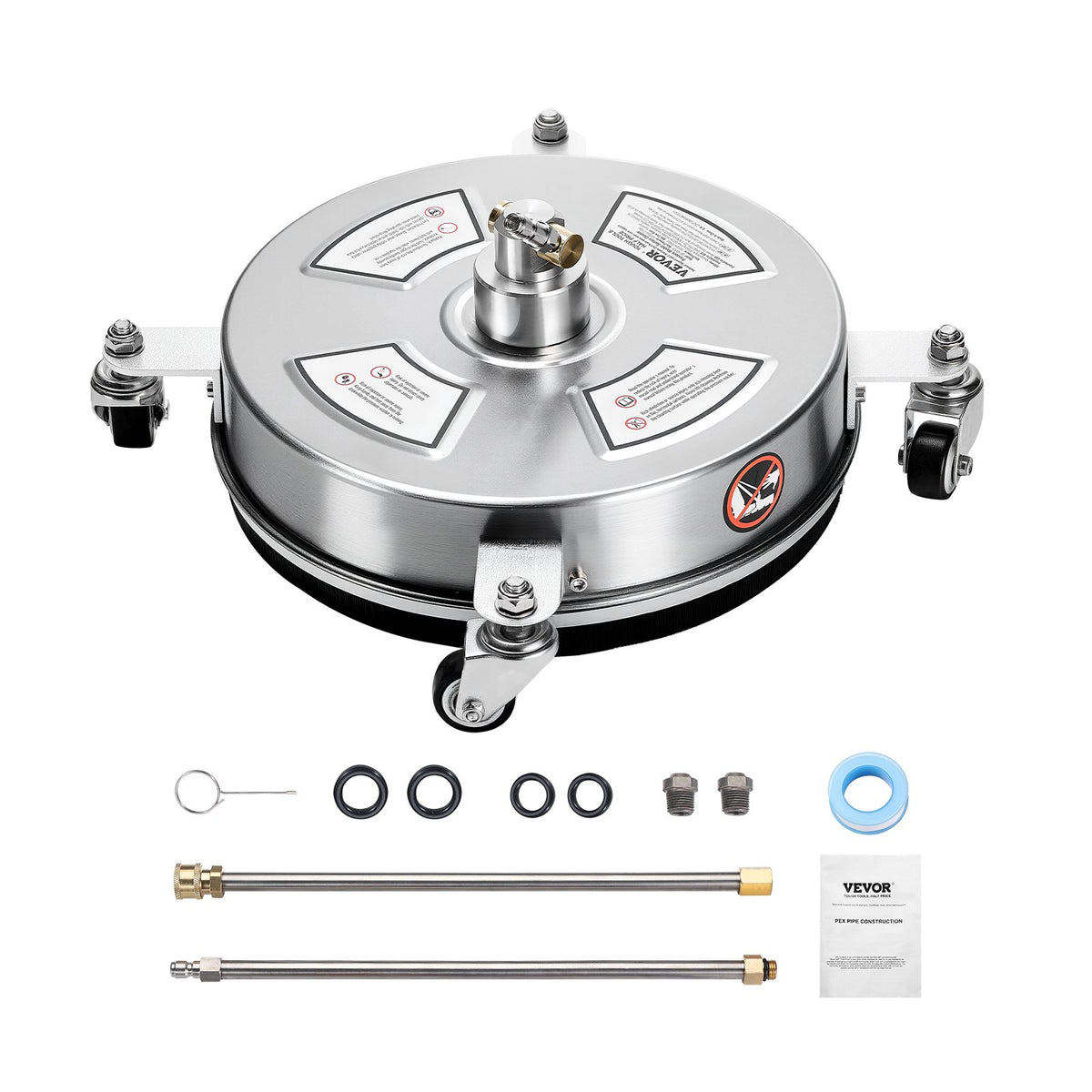 VEVOR 14" Pressure Washer Surface Cleaner, Stainless Steel Pressure Washer Attachments with 4 Wheels, 4000 Max PSI, 1/4 Quick Connector, 2 Spray Nozzles, 2 Extended Wands for Concrete, Patio, Deck