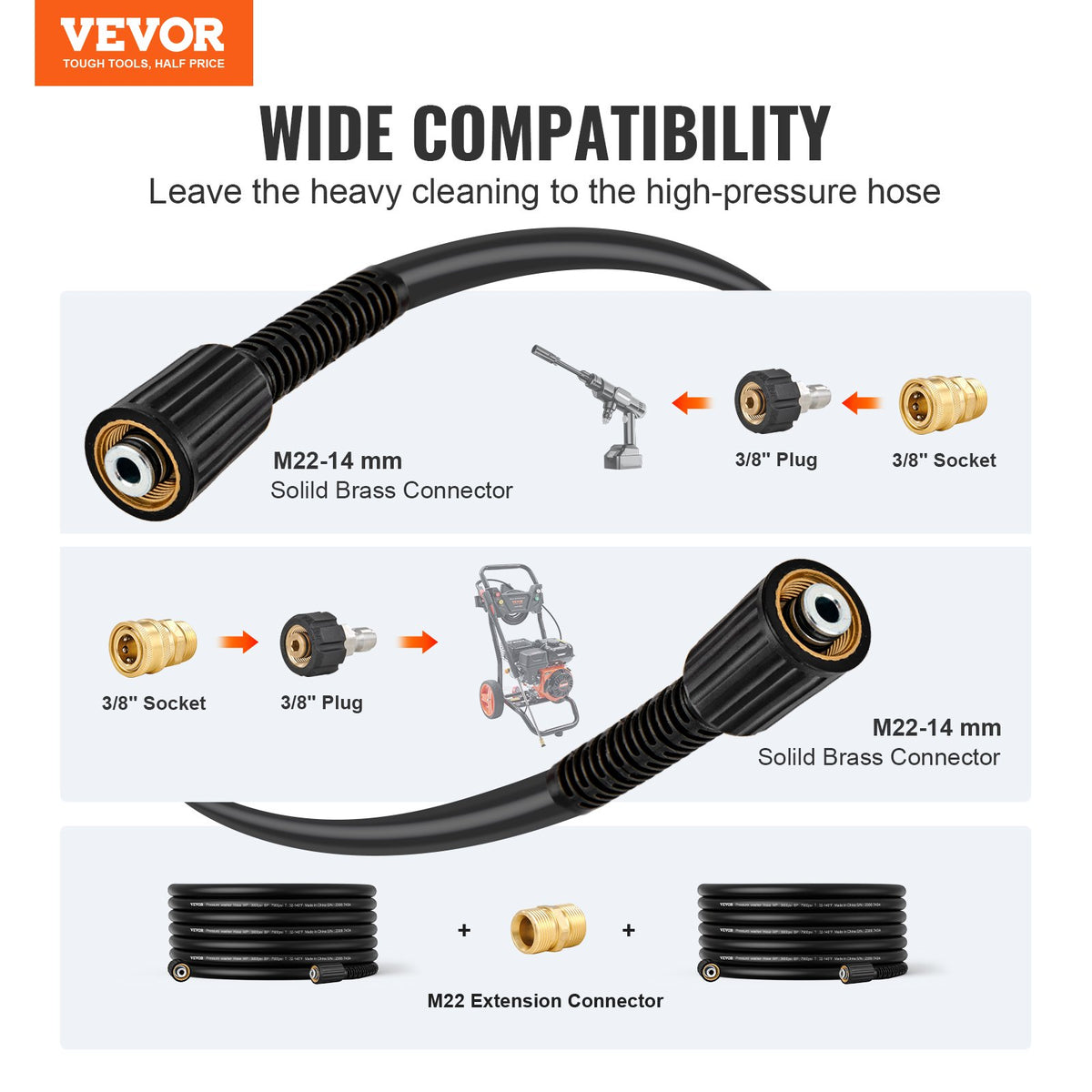 VEVOR 50 FT 3600 PSI High Pressure Power Washer Hose 1/4" Quick Connection